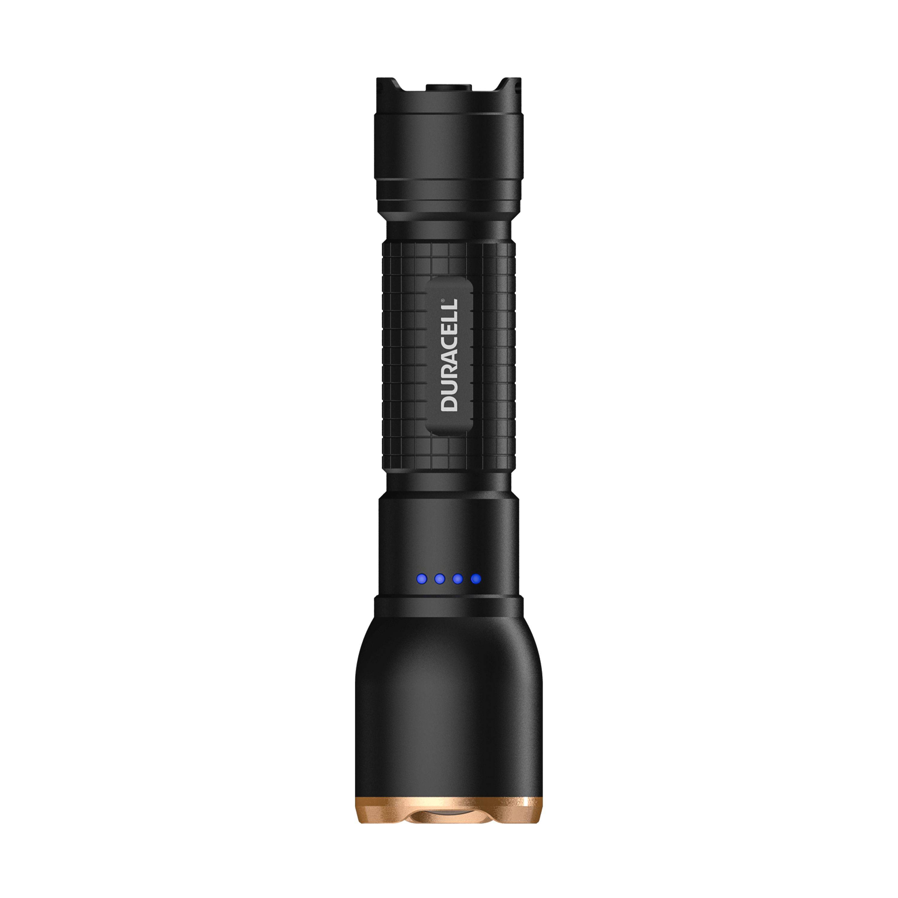 Schwarze Duracell-Taschenlampe aufrecht auf weißem Hintergrund stehend, mit blauen Batterieanzeigerleuchten in der Nähe der Basis.