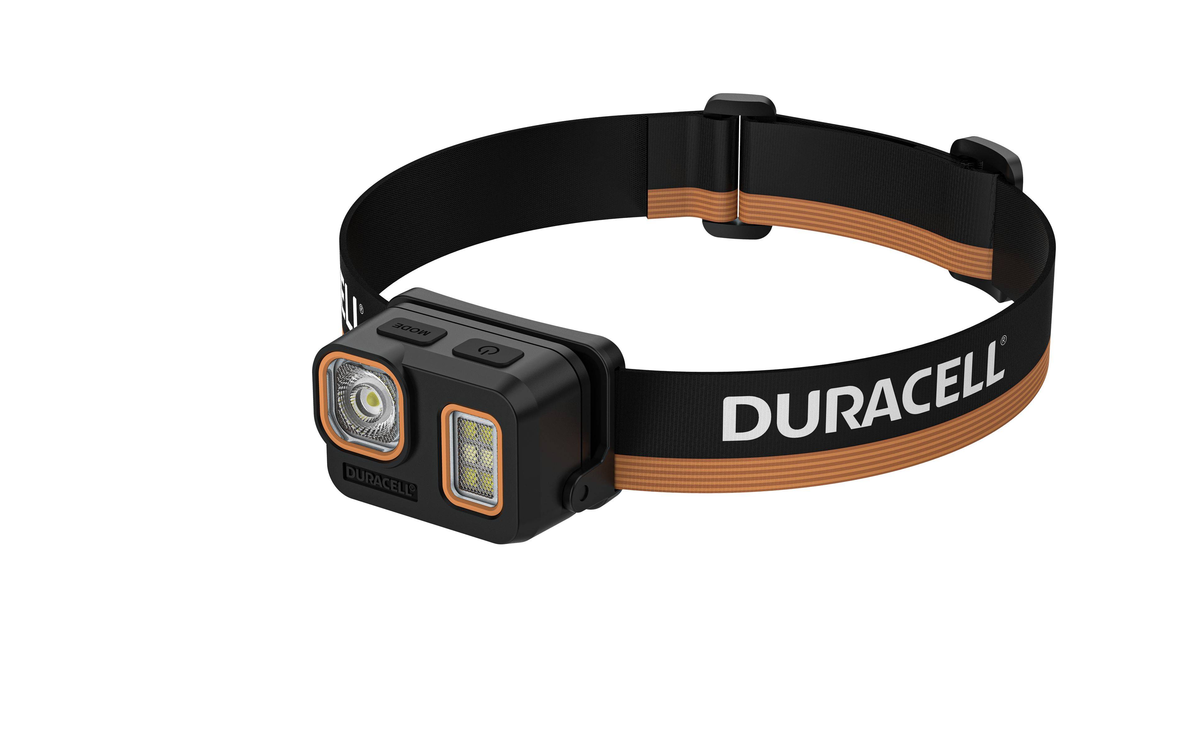 Schwarze Duracell-Stirnlampe mit verstellbarem Riemen und zwei Frontlichtern, abgebildet auf weißem Hintergrund.