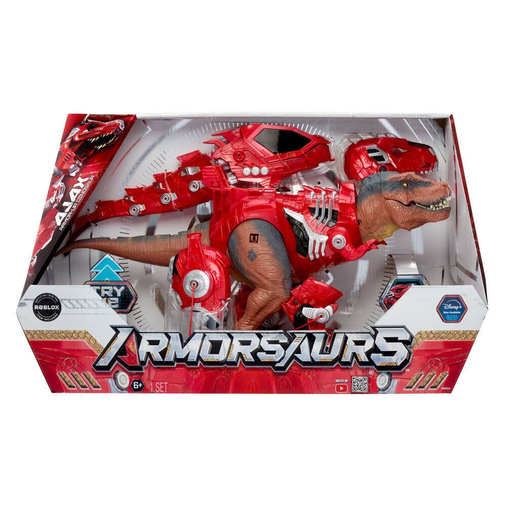 In Schachteln verpacktes rotes robotisches T.-rex-Spielzeug mit dem Etikett „Armorsaurs