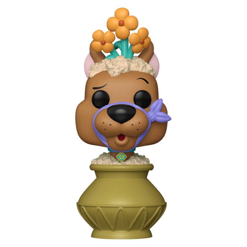 Hundebuste im Cartoon-Stil auf einem dekorativen Sockel, trägt ein lila Stirnband mit Blumen und eine grün-orange Blumenkrone.