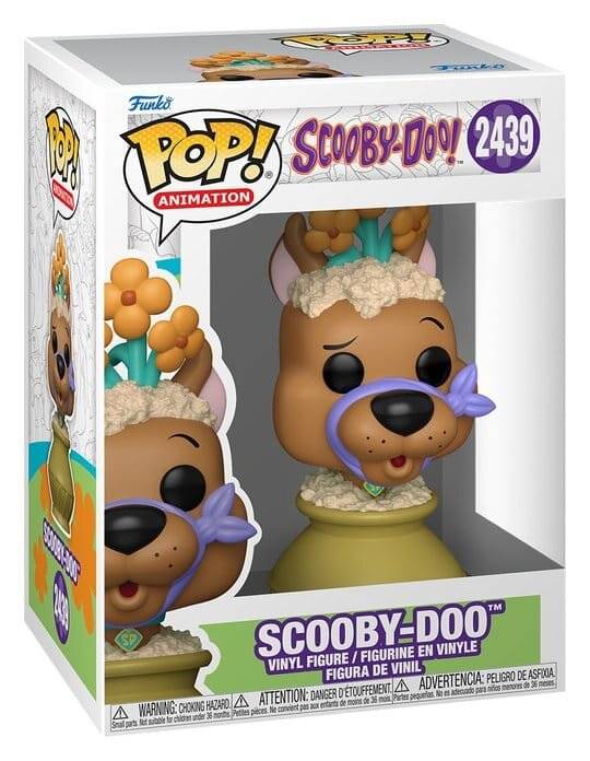 Funko Pop! Animation Scooby-Doo Vinyl-Figur in Kartonverpackung, Nummer 2439, zeigt Scooby-Doo in einer blumenthematischen Verkleidung.