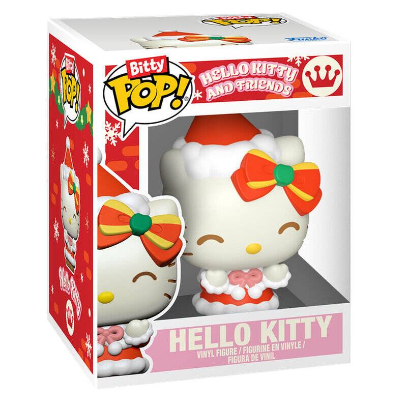 Hello Kitty Bitty Pop! Vinyl-Figur mit rotem Weihnachtsmütze und Schleife, präsentiert in einer Einzelhandelschachtel mit der Bezeichnung „Hello Kitty and Friends