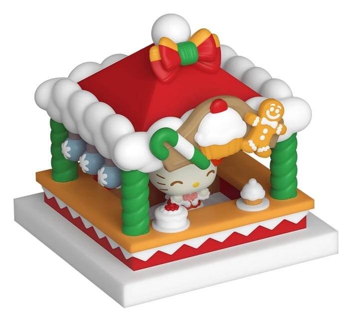 Lebkuchenhausfigurine mit rotem Dach, Zuckerstange und lächelnder Lebkuchenfigur auf weißem Sockel.