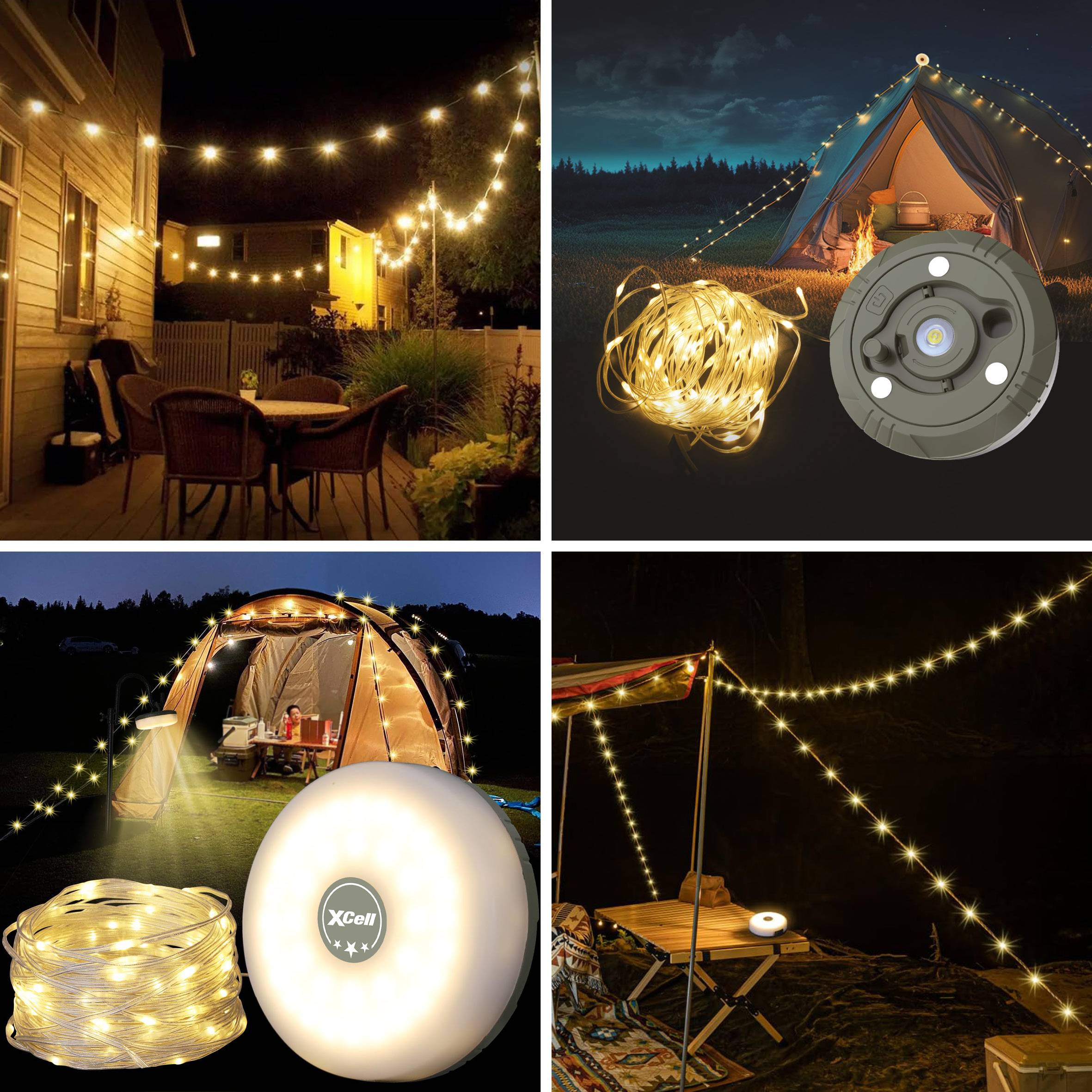 Collage zeigt warme weiße Lichterketten und wiederaufladbare Campinglampen, die nachts Terrassen und Zelte im Freien beleuchten.