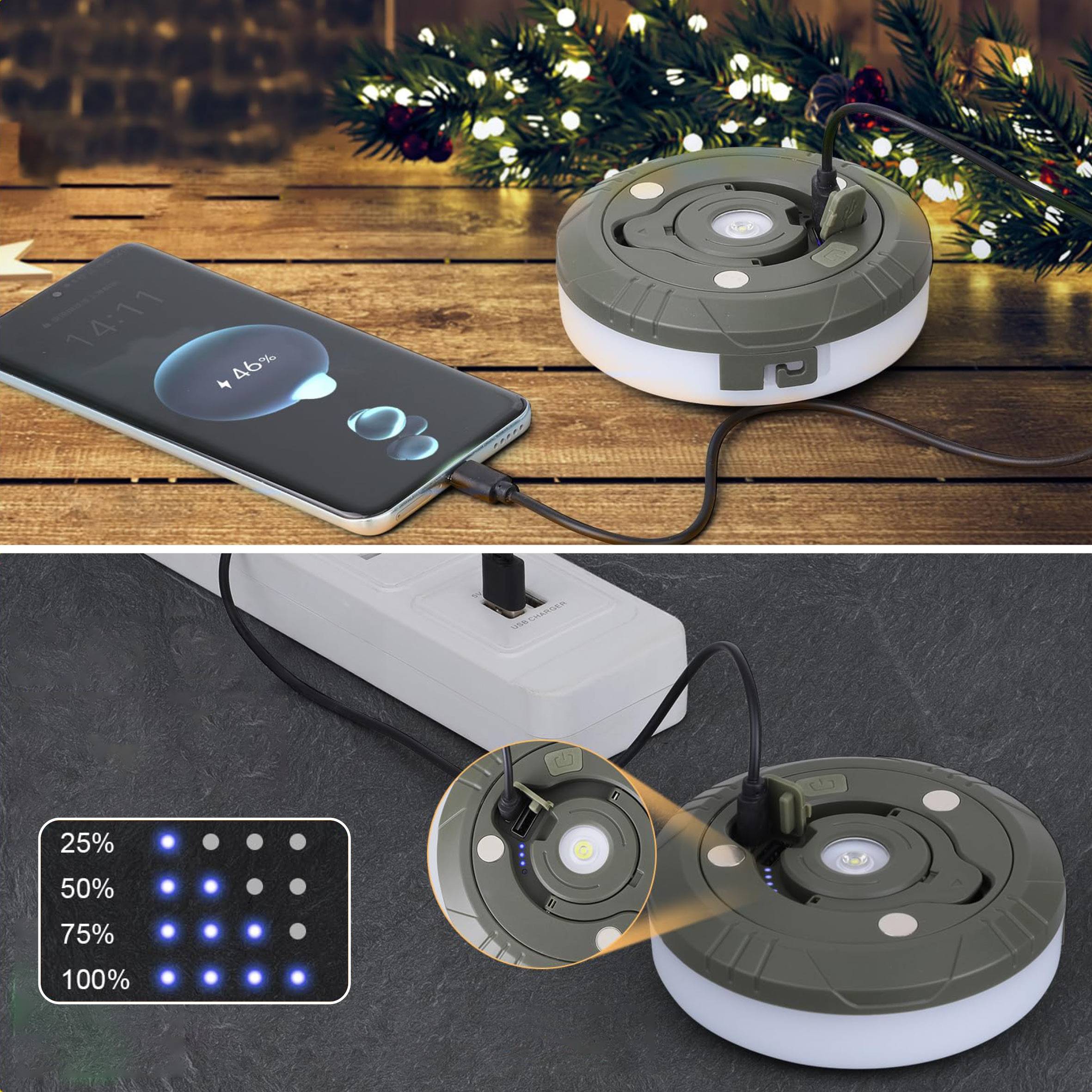 Roboterstaubsauger lädt an einer Ladestation über Kabel auf, mit einem Smartphone, das 46% Akkuladung anzeigt; das untere Panel zeigt LED-Anzeigen für Ladestände von 25% bis 100%.