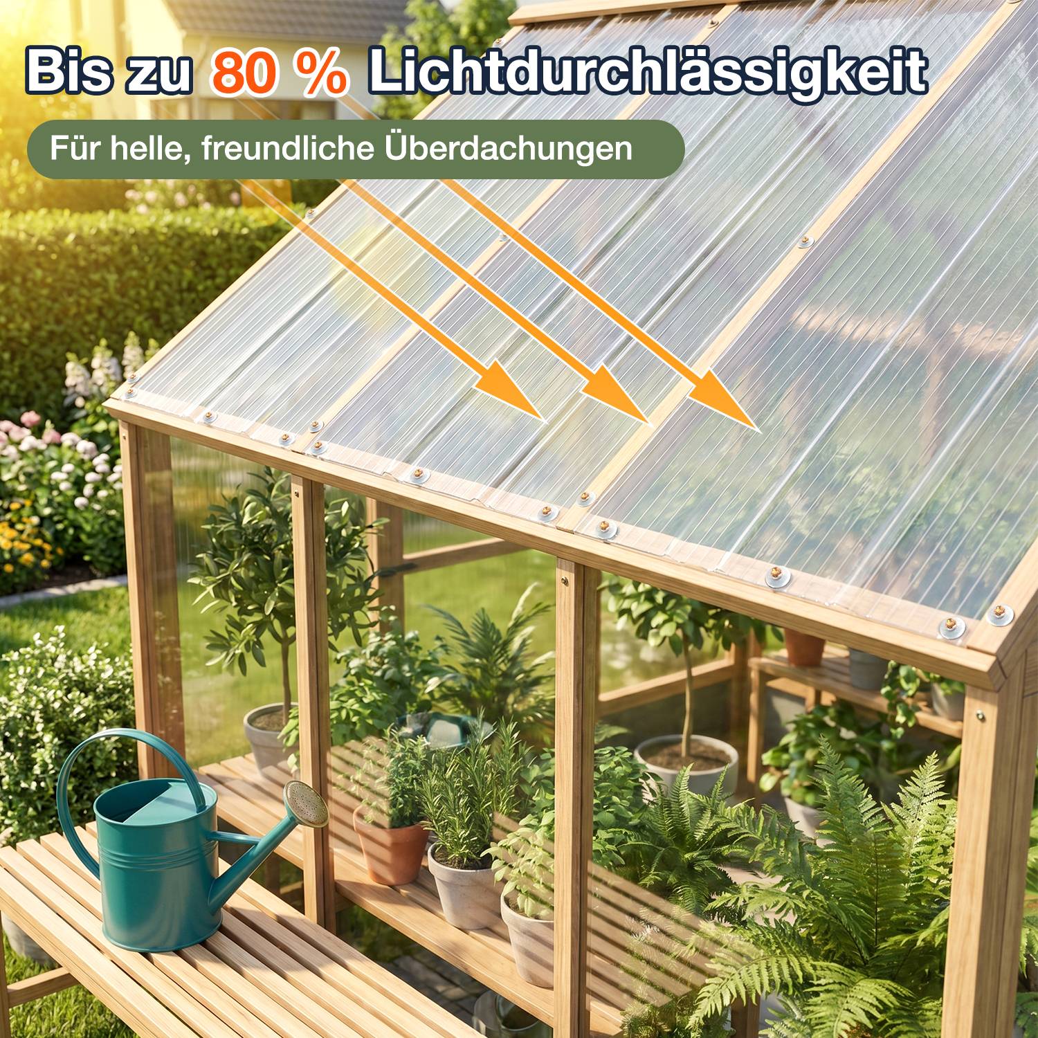 Ein sonniges Gewächshaus mit durchsichtigen Dachpaneelen, gekennzeichnet mit „Bis zu 80 % Lichtdurchlässigkeit" und „Für helle, freundliche Überdachungen"", das hellen Pflanzenschutz zeigt.
