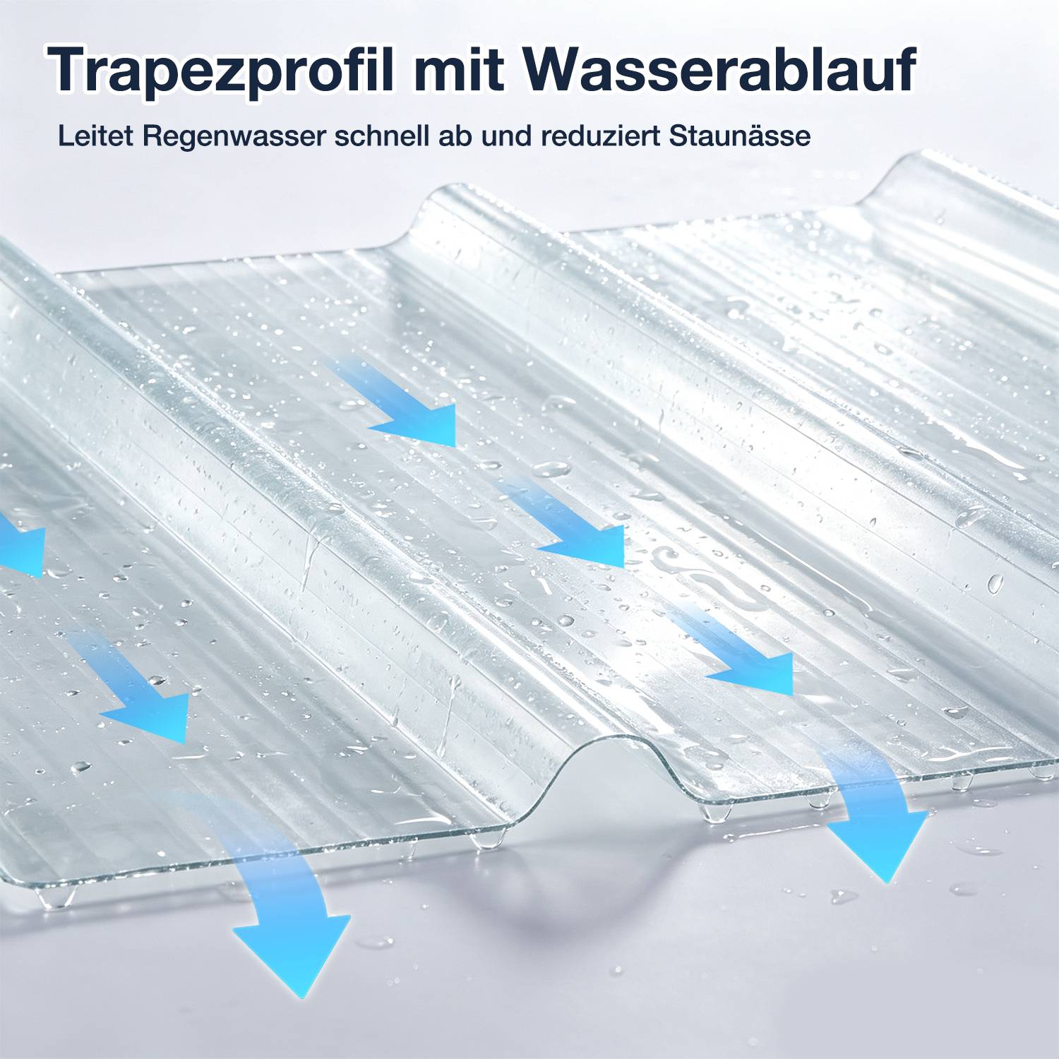 Transparente Trapezprofil-Dachplatte mit Wasserablaufkanälen; blaue Pfeile zeigen schnelle Regenwasserableitung, um Staunässe zu reduzieren.