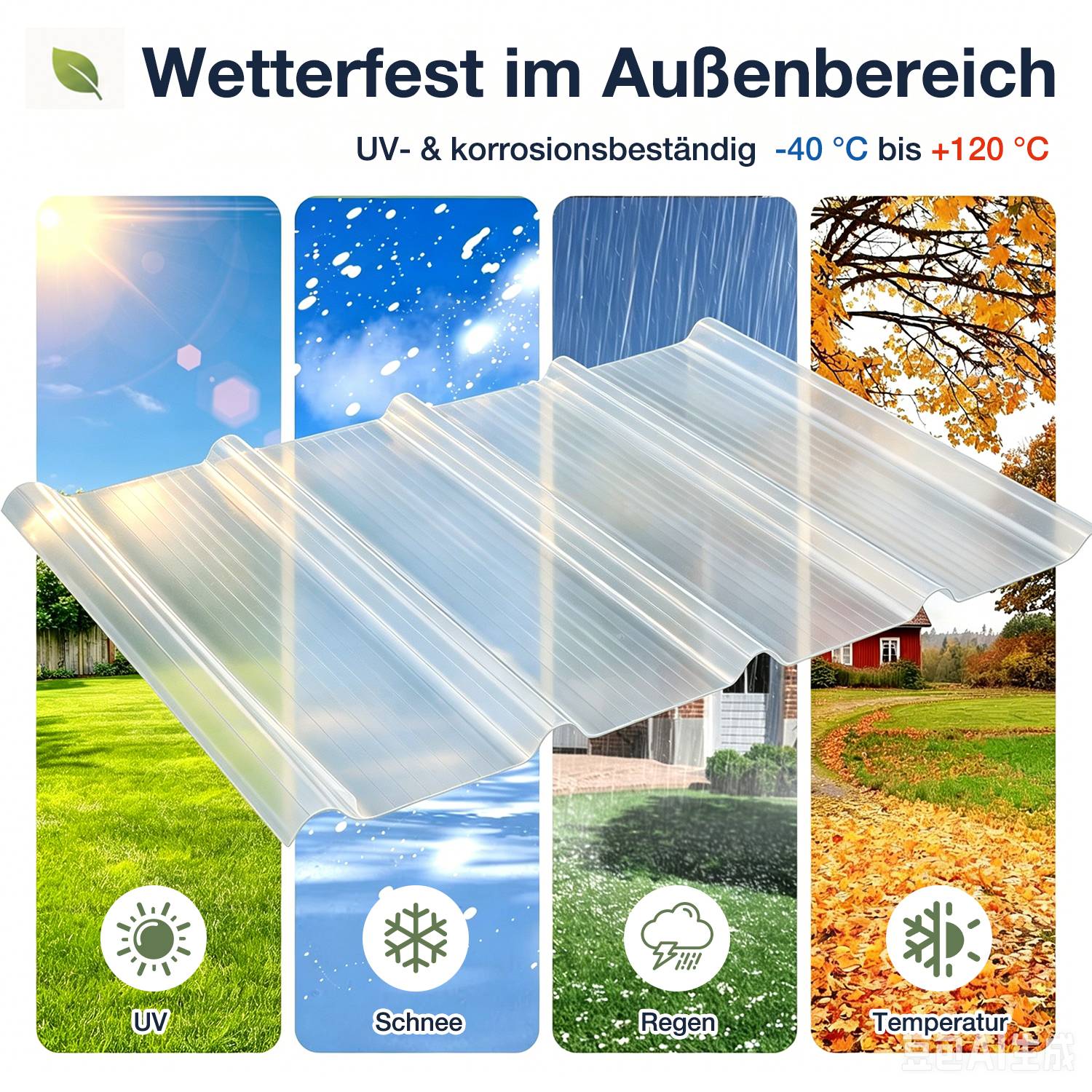 Transparente Außendachplatten, die als wetterfest, UV- und korrosionsbeständig von -40°C bis +120°C beworben werden, dargestellt bei Sonne, Schnee, Regen und Herbstbedingungen.