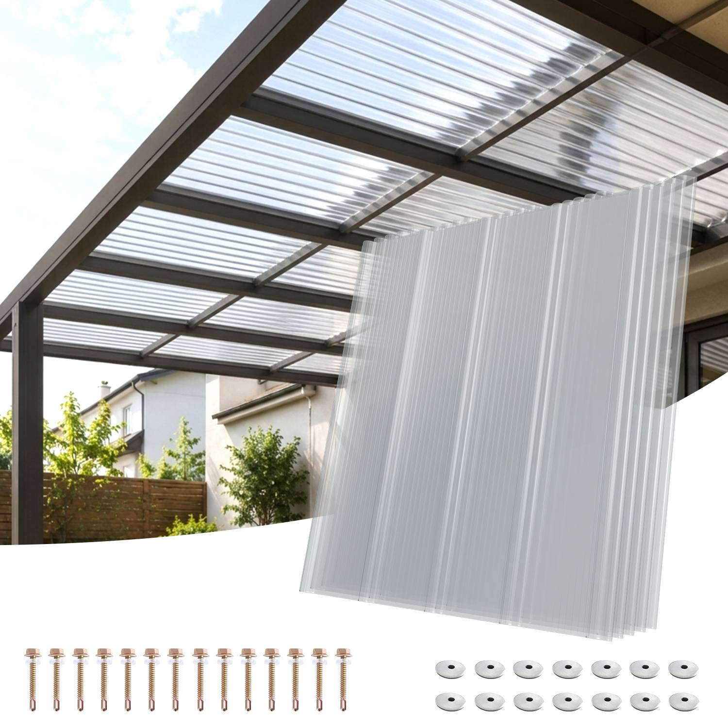 Pergola mit durchscheinenden Dachpaneelen und hängenden seitlichen Schattenvorhängen; Beschläge unten abgebildet zur Installation.