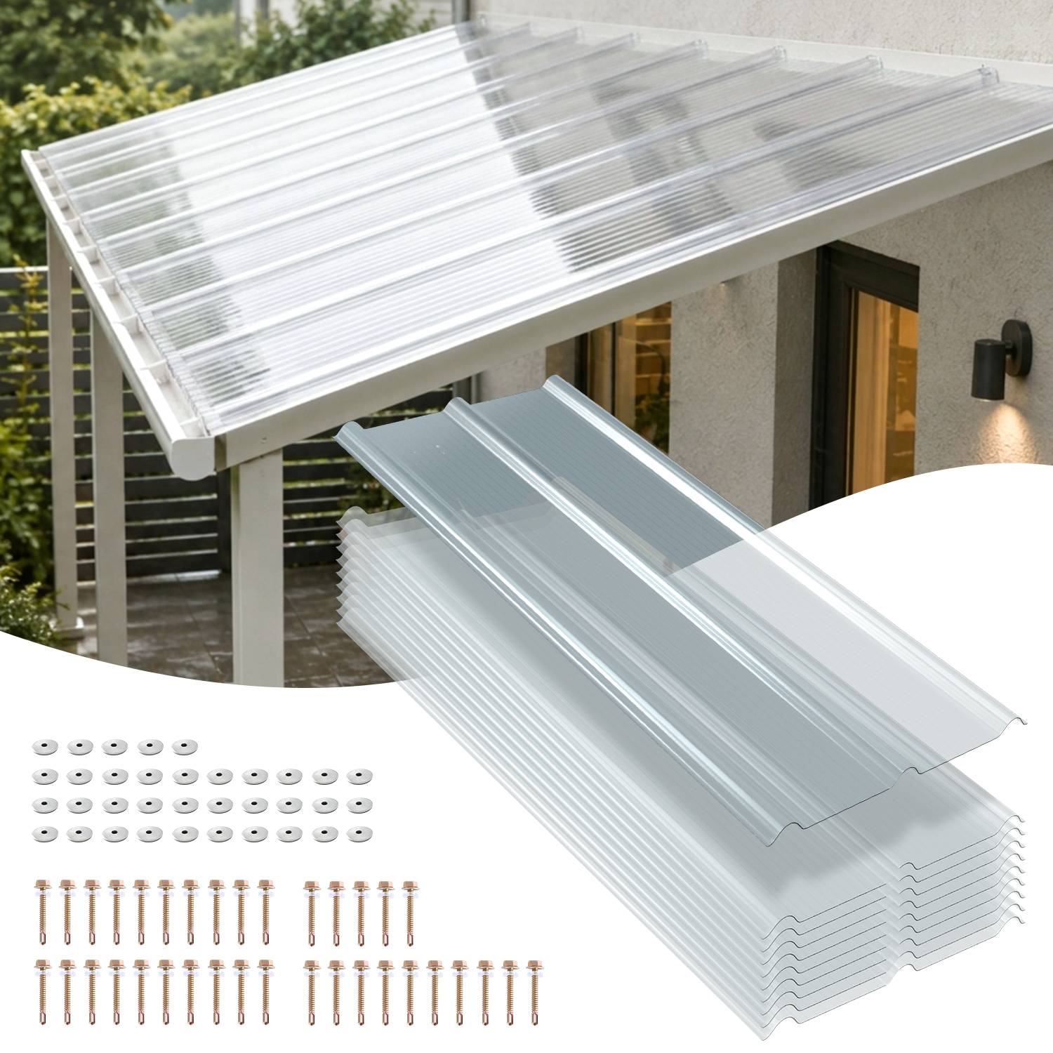 Transparente gewellte Dachpaneele über einer Terrasse installiert, mit einem Stapel passender Paneele und Befestigungsschrauben darunter gezeigt.
