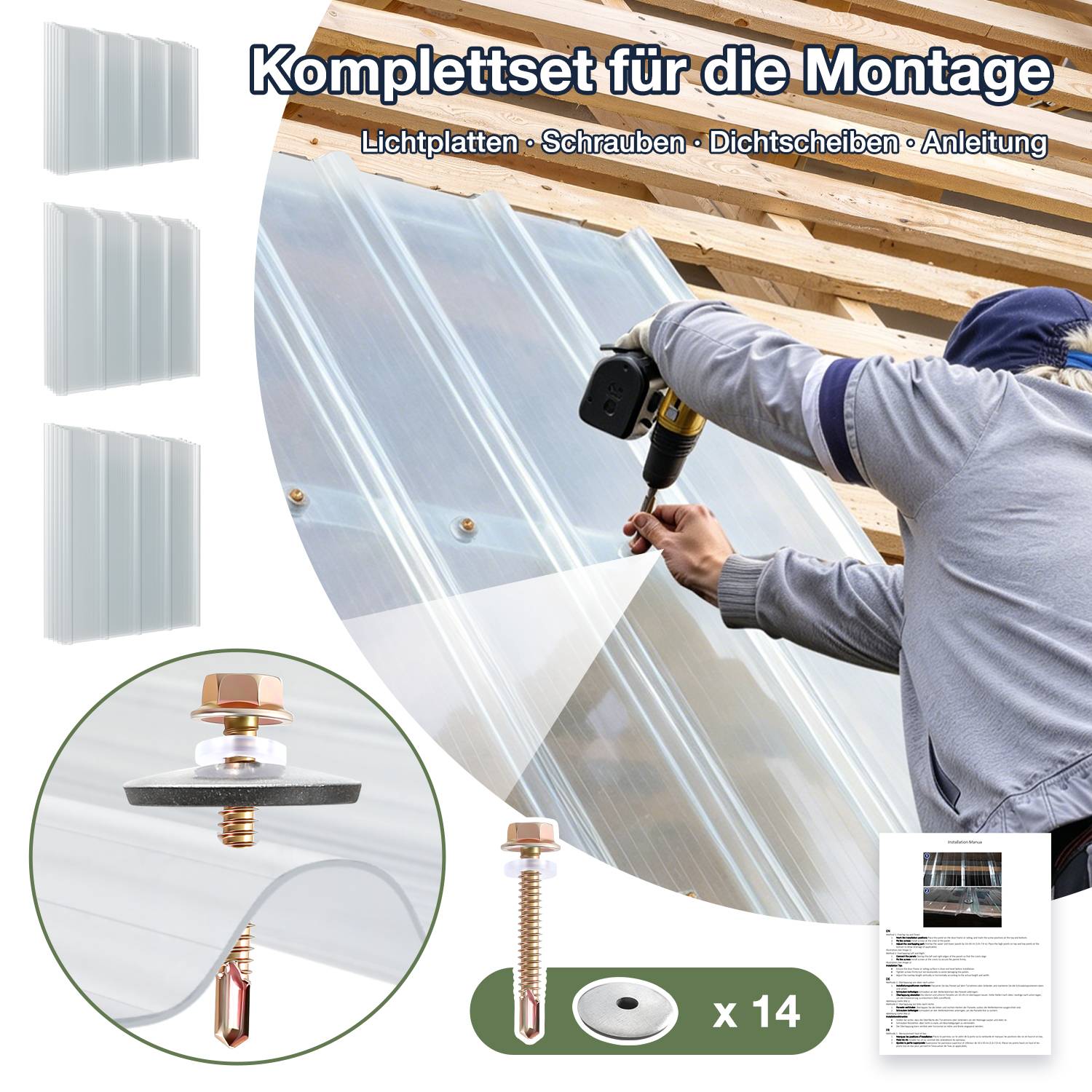 Werbegrafik eines Dachpanel-Installationskits, das einen Arbeiter zeigt, der durchscheinende Paneele bohrt, sowie enthaltene Teile: Schrauben, Dichtungsscheiben, Anleitung und „x14" Befestigungselemente.