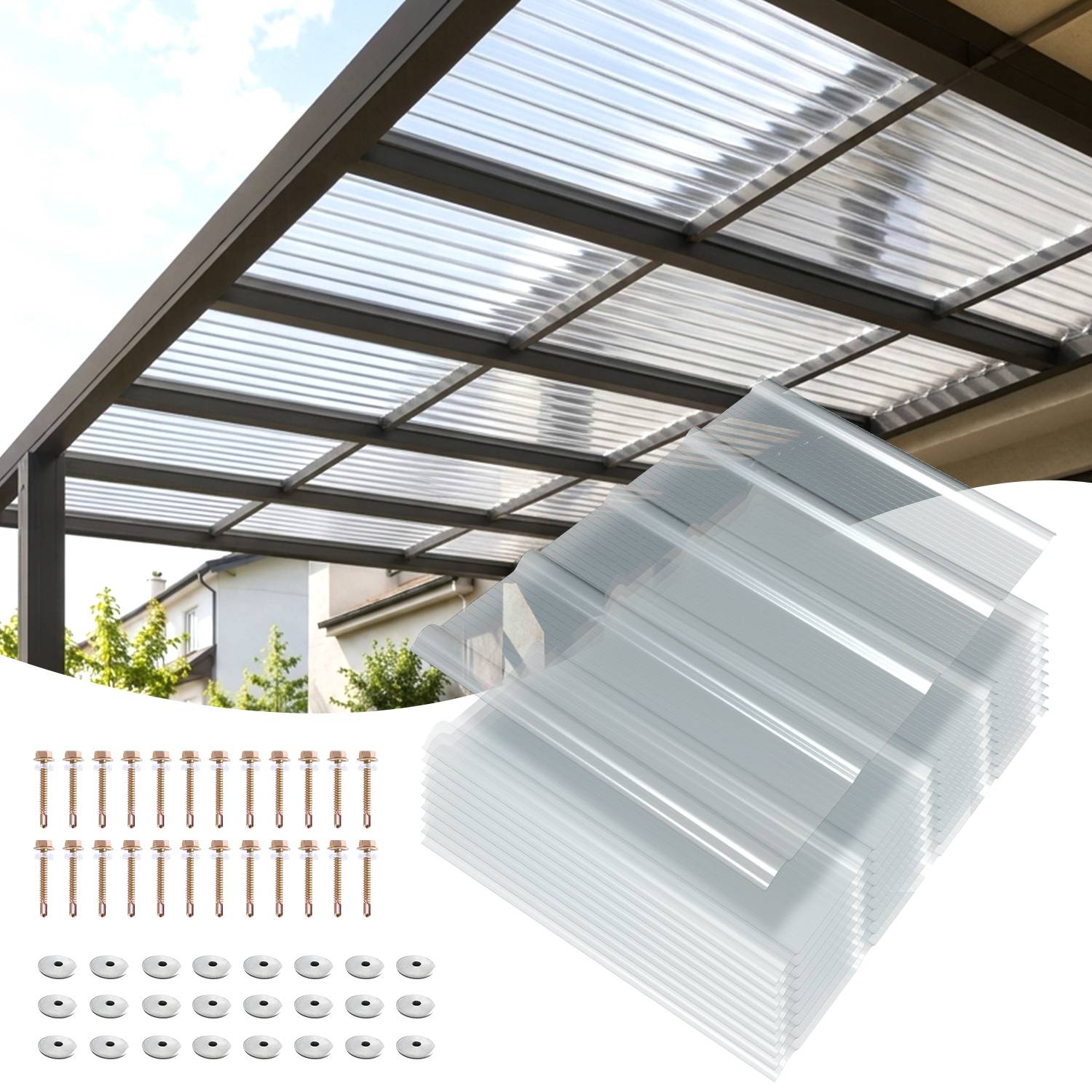 10er Set FRP Lichtplatten 90x60 cm, 1 mm Trapez-Wellplatten klar, UV-Schutz, hagelfest & wetterfest, inkl. Schrauben für Terrassendach Carport
