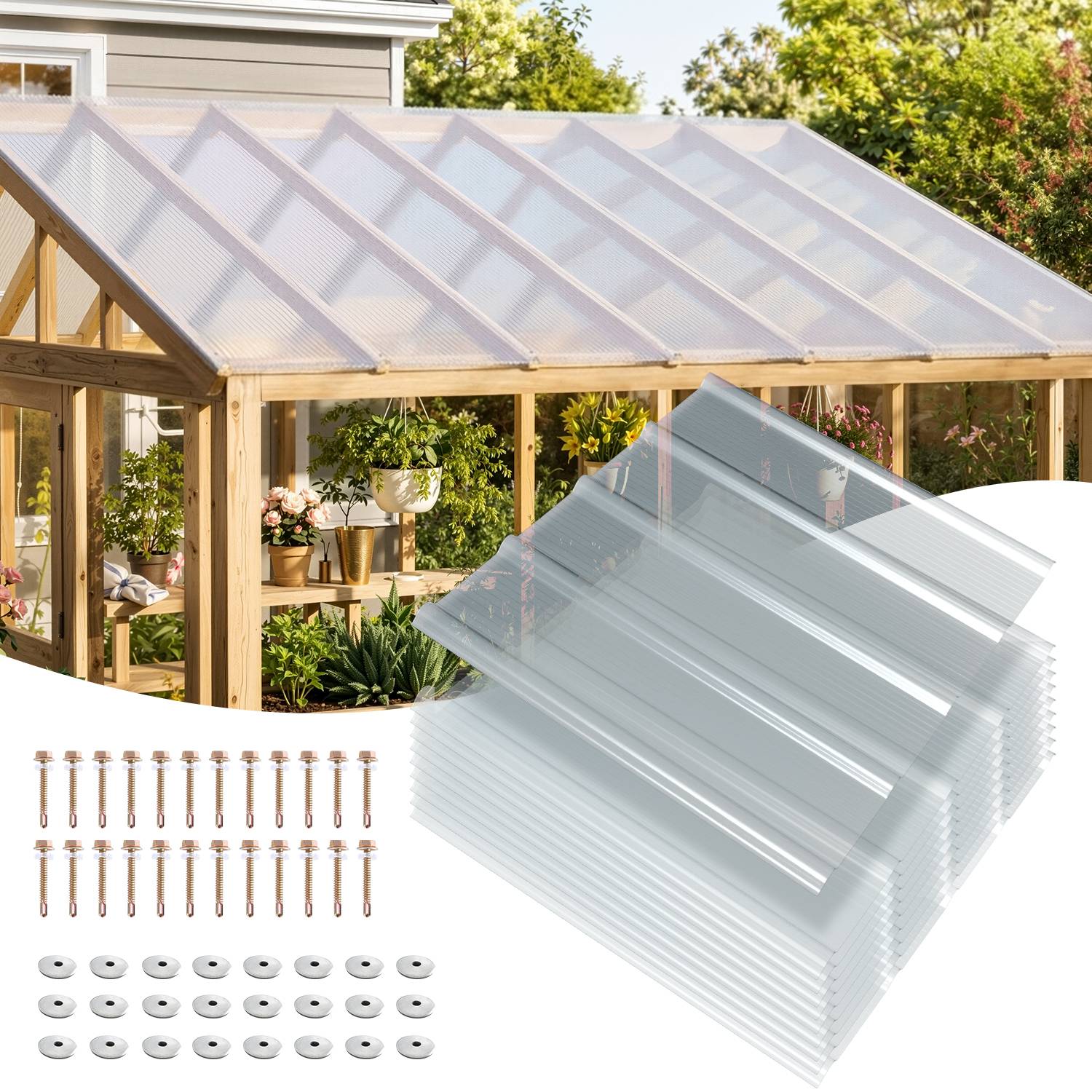 Holzgewächshaus mit durchsichtigen Dachpaneelen, plus ein Stapel transparenter welliger Kunststoffplatten und enthaltene Schrauben und Scheiben zur Installation.