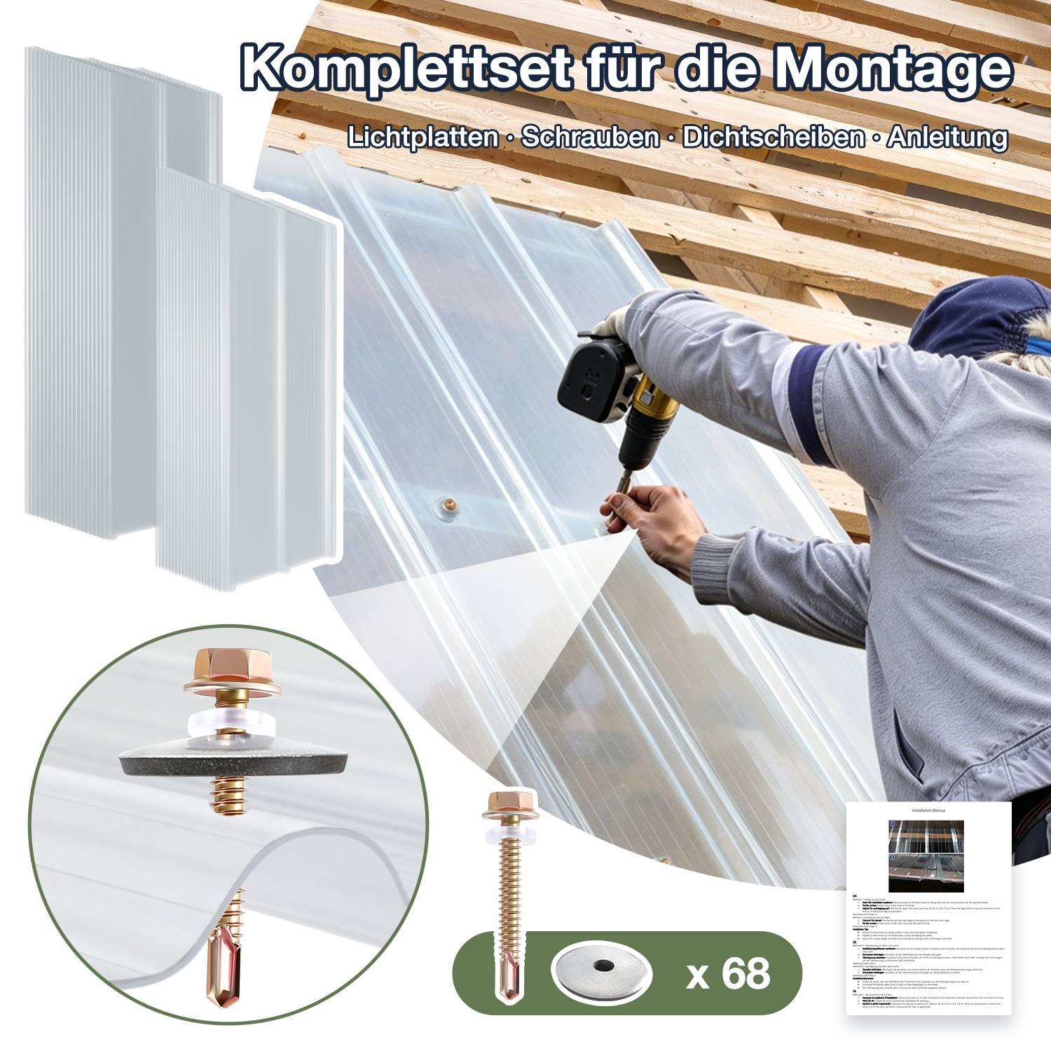 Produktwerbung für ein Montage-Set: Handwerker bohrt durchsichtige Lichtplatten an, mit Hinweis auf Schrauben, Dichtscheiben und Anleitung sowie Menge x68.