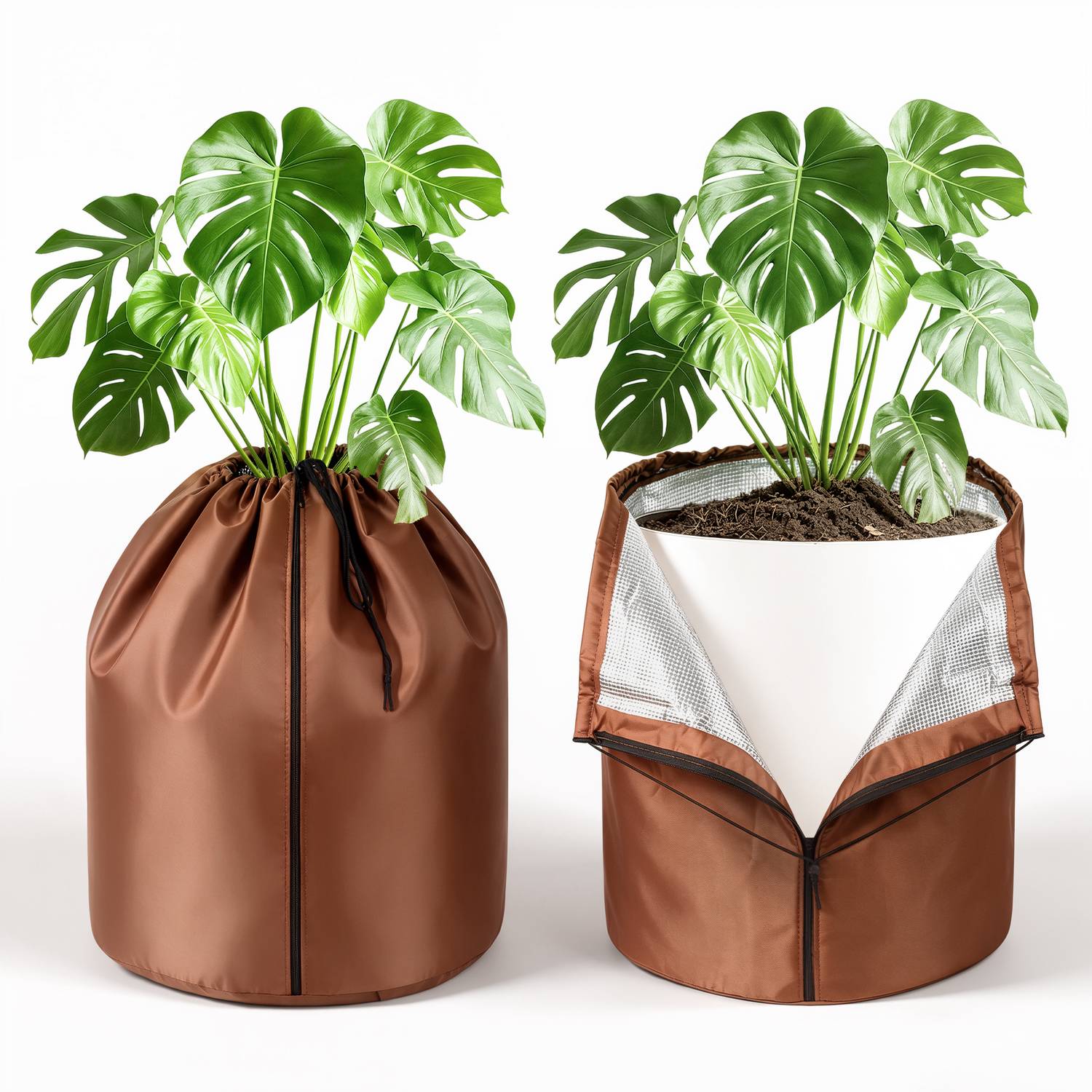 Palmen Winterschutz 2er Set 50x45 cm Braun, Thermo Topfschutz aus 210D Oxford mit Reißverschluss für Kübelpflanzen