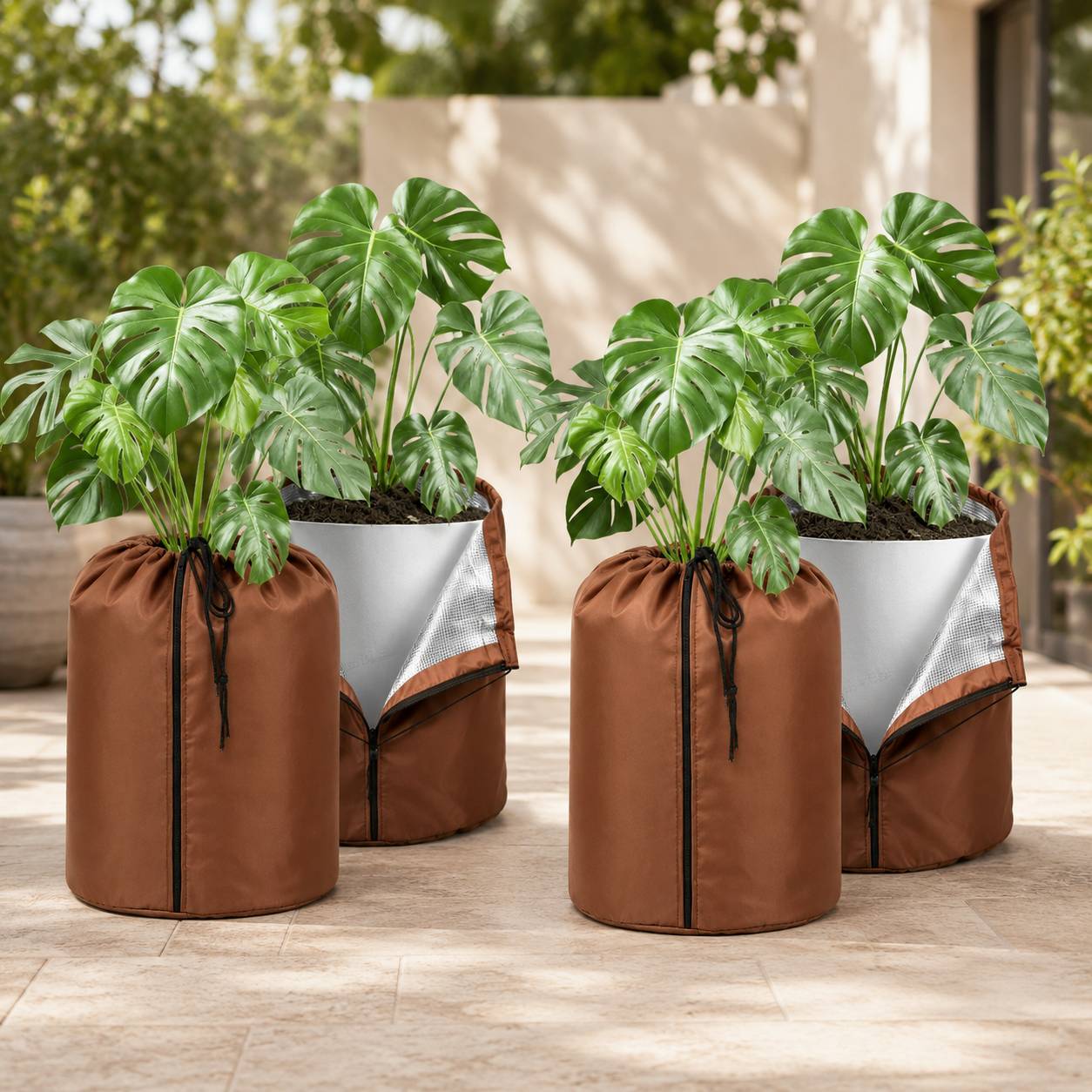 Vier potted Monstera-Pflanzen in braunen Reißverschluss-Wuchsbeuteln auf einer Terrasse, die wiederverwendbare Innen-Außen-Blumentöpfe zeigen.