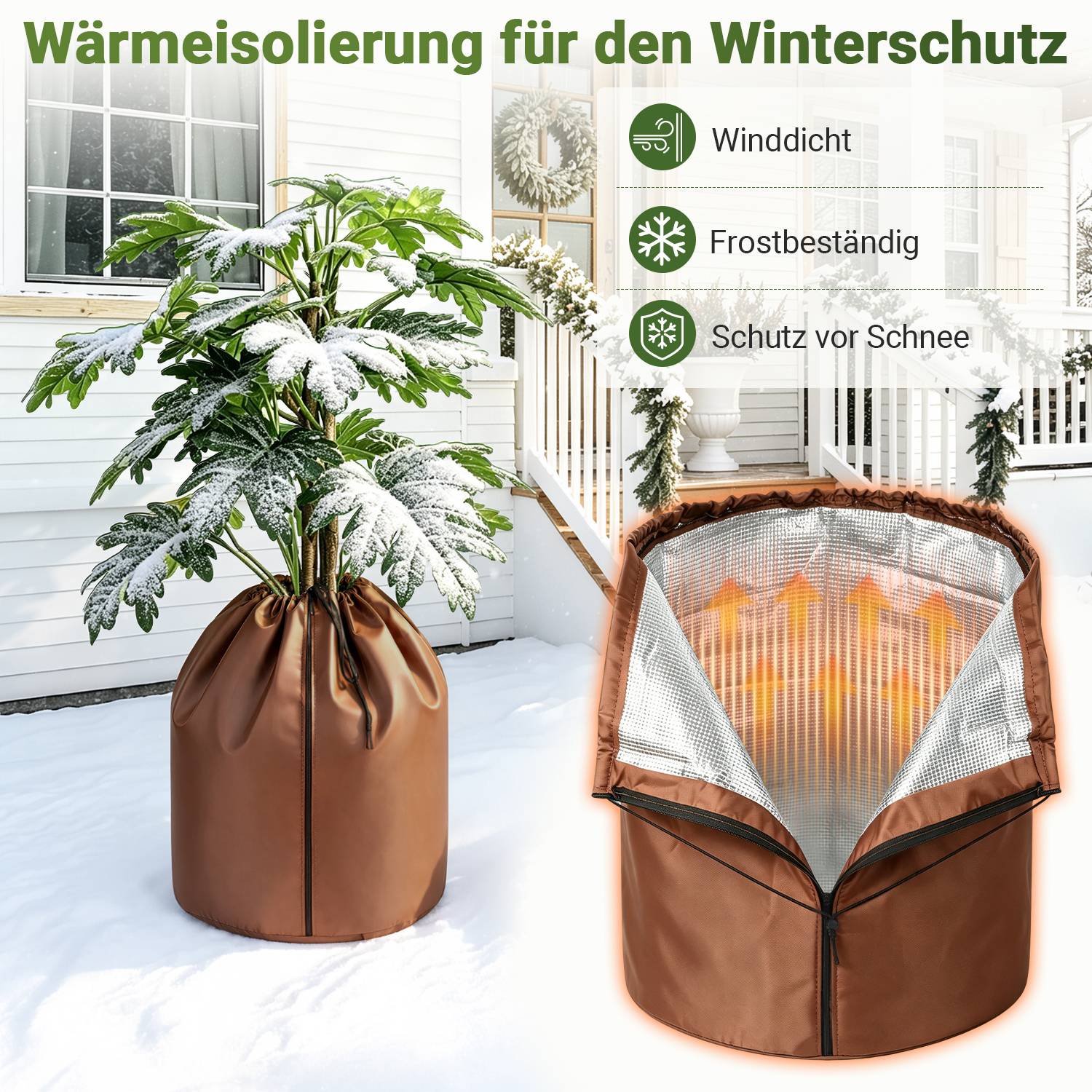Winterpflanzenschutzhülle, die eine Topfpflanze vor Wind, Frost und Schnee schützt; deutscher Text lautet „Wärmeisolierung für den Winterschutz".