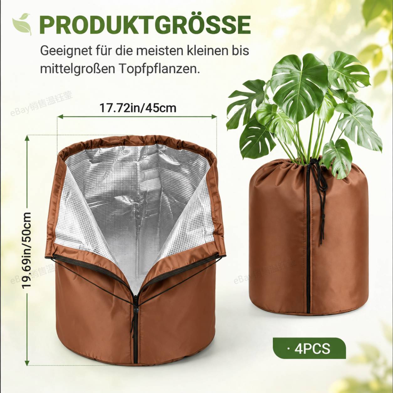 Produktgrößen-Grafik für eine Blumentopfabdeckung: 45 cm breit und 50 cm hoch, dargestellt offen und in Gebrauch auf einer Topfpflanze, beschriftet mit „4er-Set".