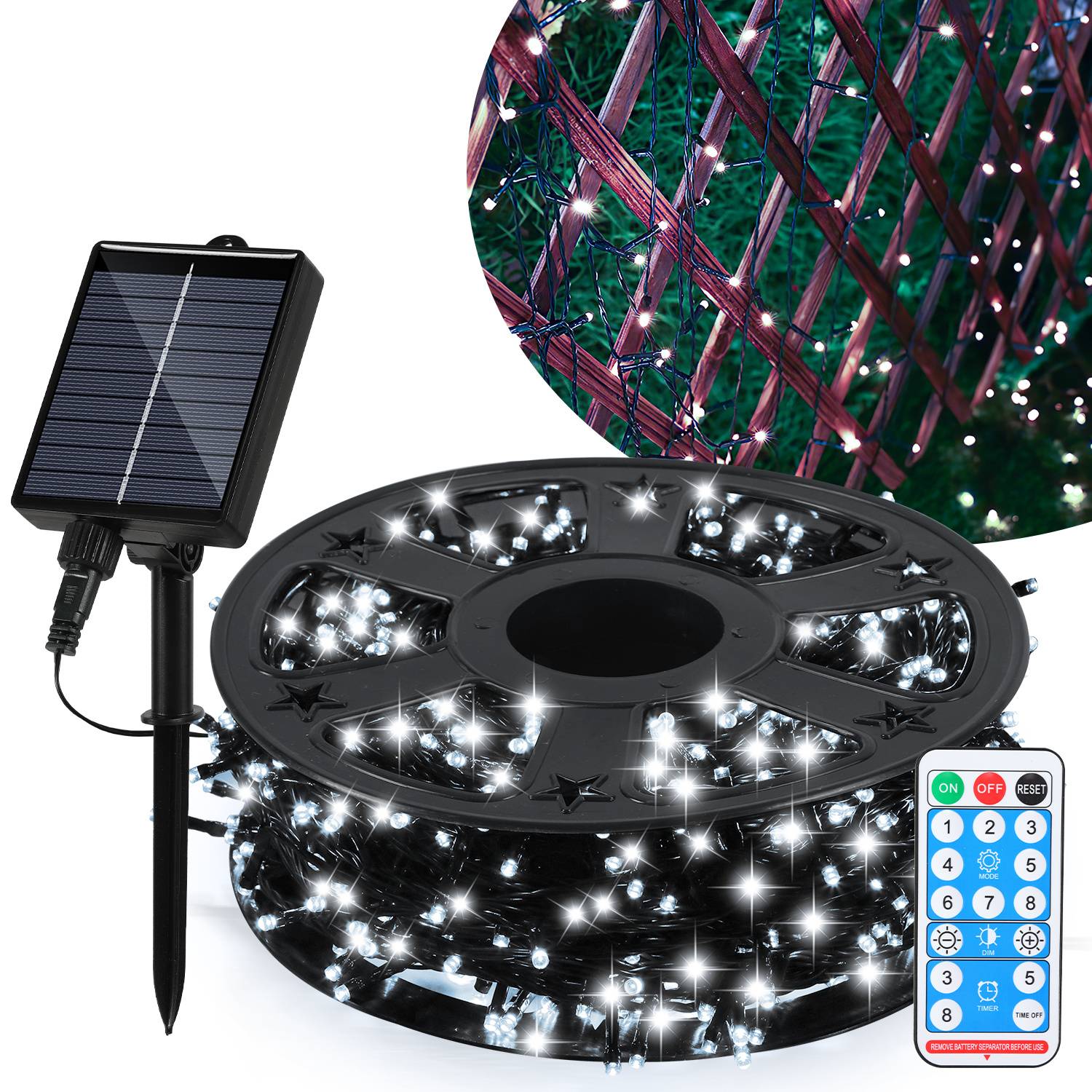 Solarbetriebene LED-Lichterketten auf einer Spule mit Erdungsplattenpanel und Fernbedienung, beleuchtet zur Außendekoration dargestellt.