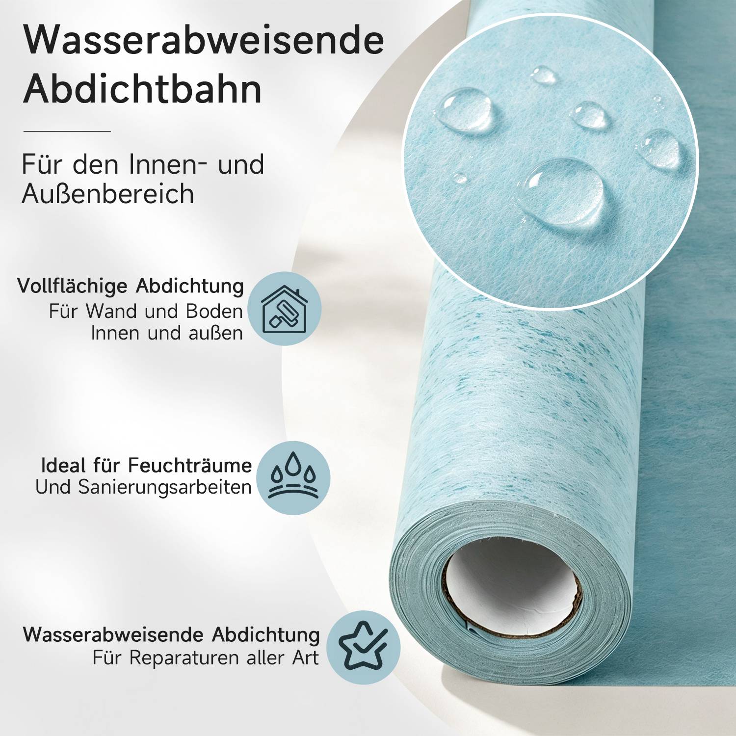 Werbung für wasserdichtes Dichtungsband für den Innen- und Außenbereich, das eine aufgerollte blaue Membran mit Wassertropfen und Symbolen für Vollflächenabdichtung, Nassbereiche und Reparaturen zeigt.