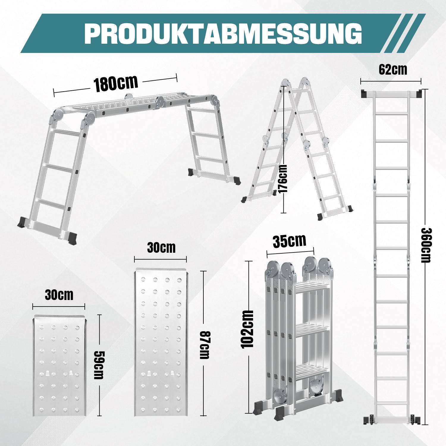 Produktmessdiagramm einer faltbaren Aluminiumleiter, das erweiterte und A-Rahmen-Konfigurationen mit Abmessungen zeigt: 180 cm breit, 176 cm hoch, 360 cm hoch, 62 cm breit und gefaltete Teile mit den Maßen 30 x 59 cm, 30 x 97 cm und 35 x 102 cm.