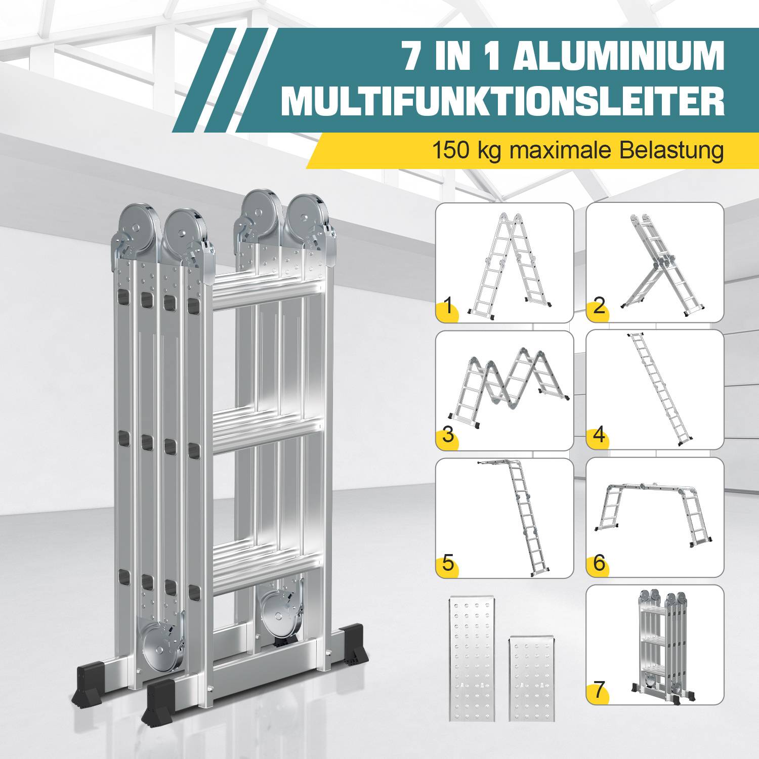 7-in-1-Aluminium-Multifunktionsleiter mit maximaler Traglast von 150 kg, dargestellt in zusammengeklapptem Zustand und in sieben Konfigurationen einschließlich Stehleiter, Schiebeleiter, Treppeneinsatz und Plattformnutzung.