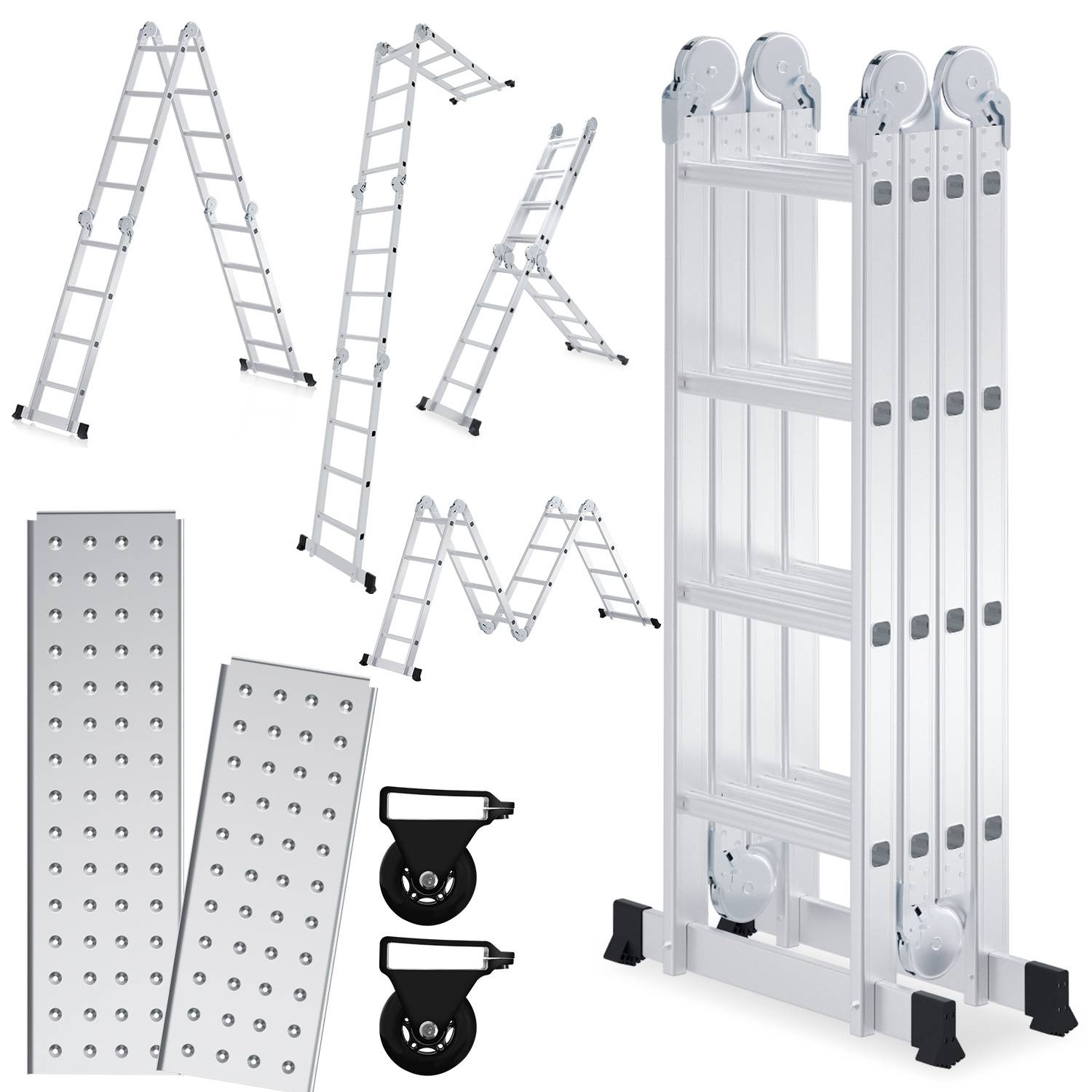 Mehrzweckleiter 7in1 Aluminium 4x4 Stufen, ca. 470cm / 4.7m, Gelenkleiter Klappleiter mit 2 Plattformen + 2 Rollen, max. Belastbarkeit 150 kg