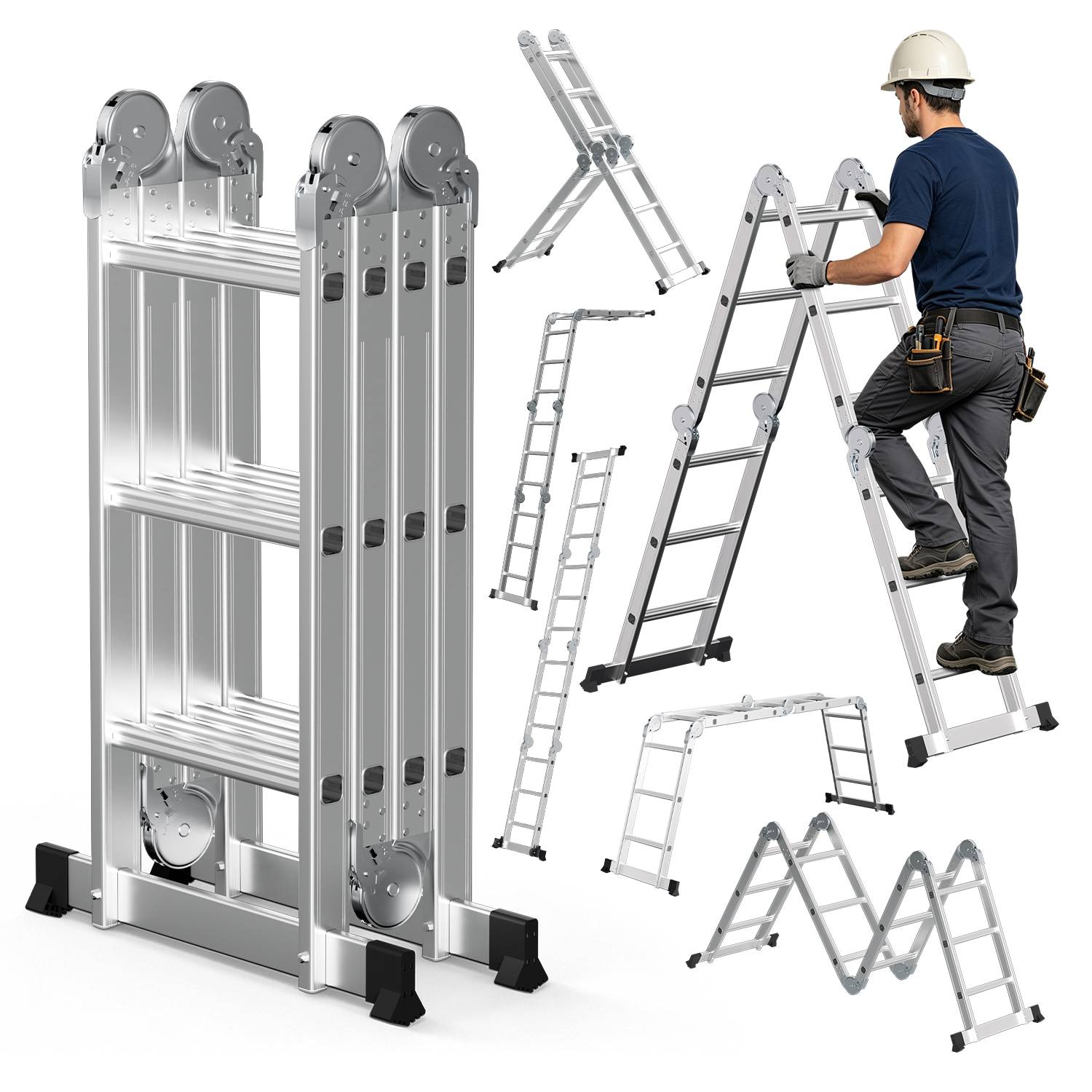 Zusammenklappbare Aluminium-Leiter, die in mehreren Positionen gezeigt wird, mit einem Arbeiter, der sie erklimmt, und die verstellbare Konfigurationen und Tragbarkeit demonstriert.