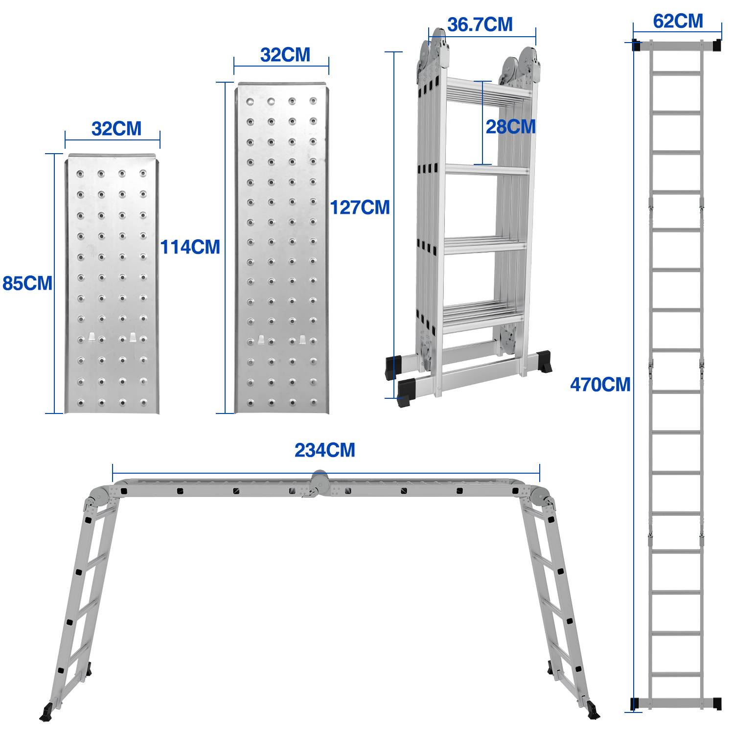 Illustrierte Aluminium-Klappleiter mit Seiten-, Klapp- und ausgezogenen Ansichten, die Abmessungen zeigen: 32 cm breite Abschnitte, 85–127 cm zusammengeklappt, 470 cm ausgezogene Höhe und 62 cm obere Breite.