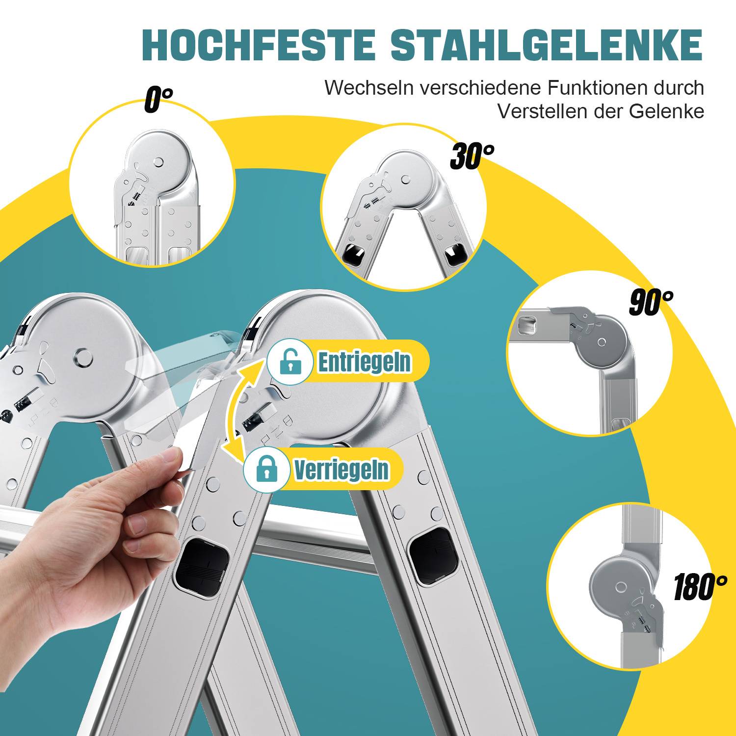 Mehrzweckleiter 7in1 Aluminium 4x3 Stufen, ca. 360cm / 3.6m, Gelenkleiter Klappleiter mit 2 Plattformen + 2 Rollen, max. Belastbarkeit 150 kg