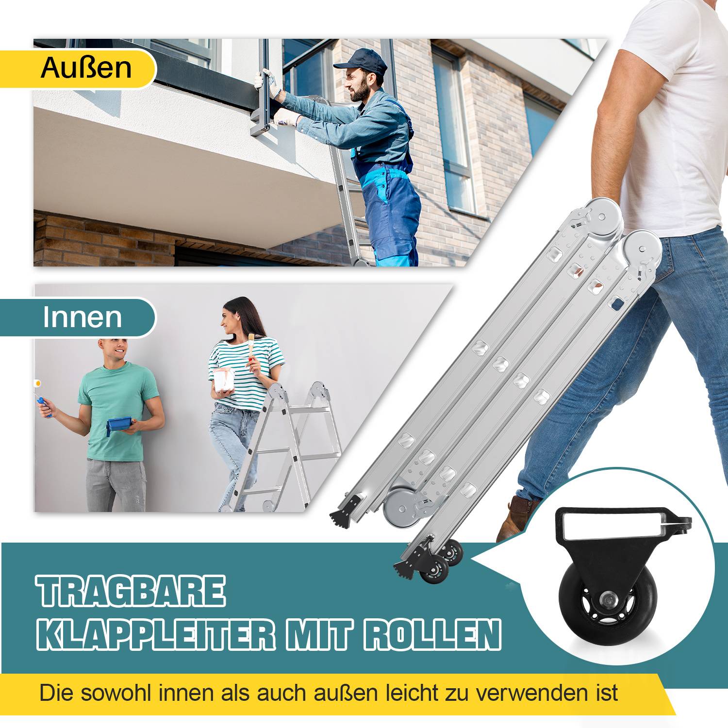 Werbegrafik für eine tragbare Klappleiter mit Rollen, die die Verwendung im Freien und in Innenräumen zeigt; deutscher Text lautet „Außen", „Innen"" und „Tragbare Klappleiter mit Rollen"".
