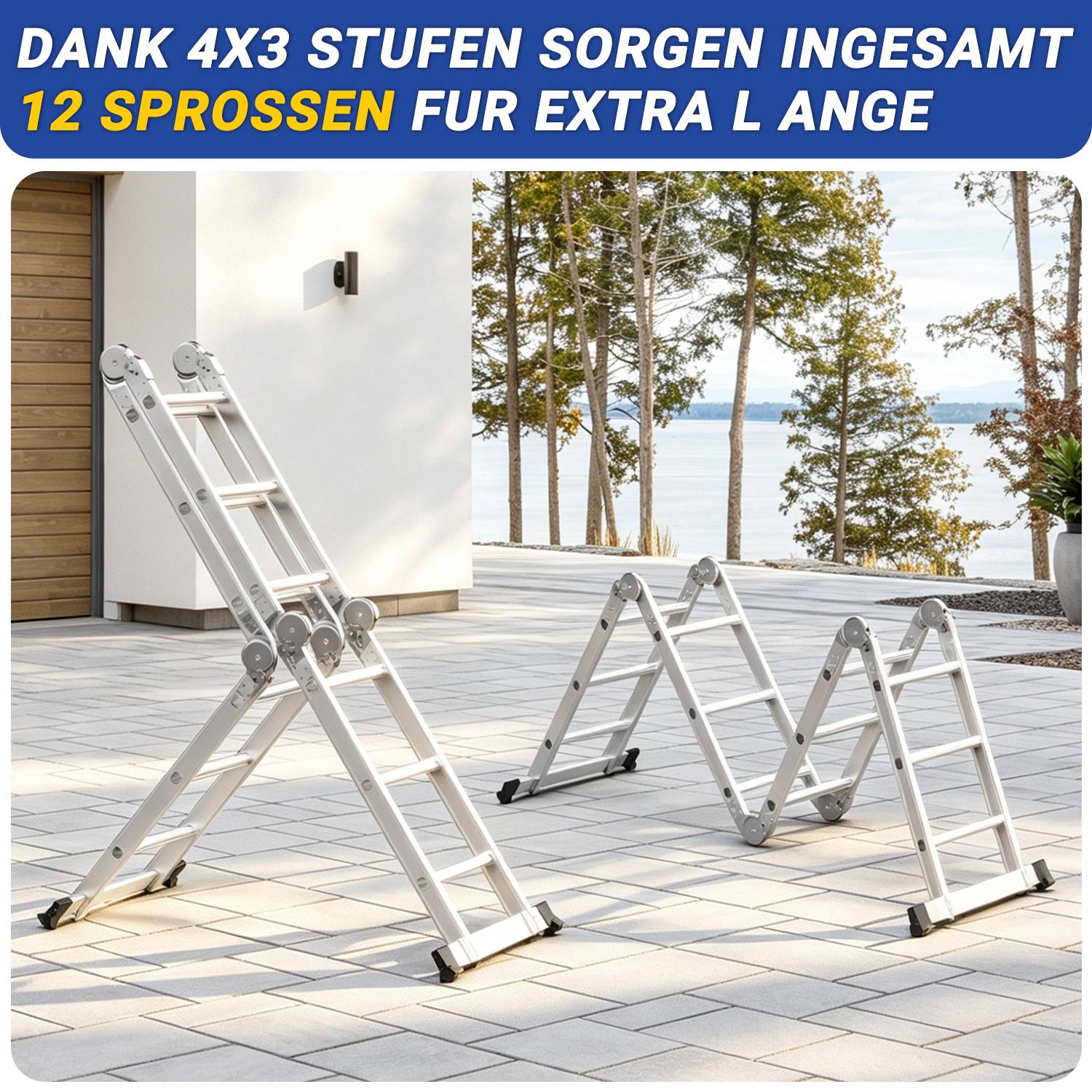 7in1 Mehrzweckleiter 4x3 Stufen aus Aluminium, ca. 360cm / 3.6m, Multifunktions-Gelenkleiter, Klappleiter &amp; Stehleiter, max. Belastbarkeit 150 kg