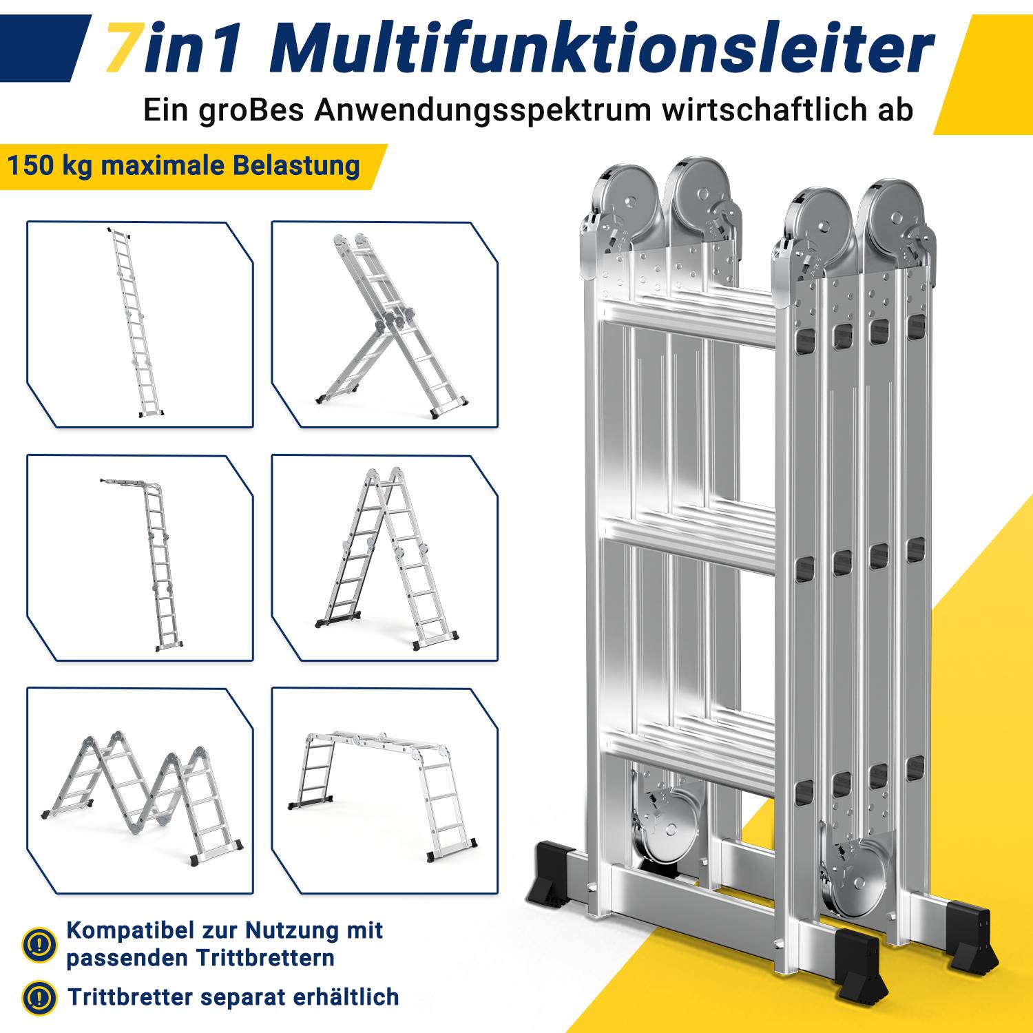 7in1 Mehrzweckleiter 4x3 Stufen aus Aluminium, ca. 360cm / 3.6m, Multifunktions-Gelenkleiter, Klappleiter &amp; Stehleiter, max. Belastbarkeit 150 kg