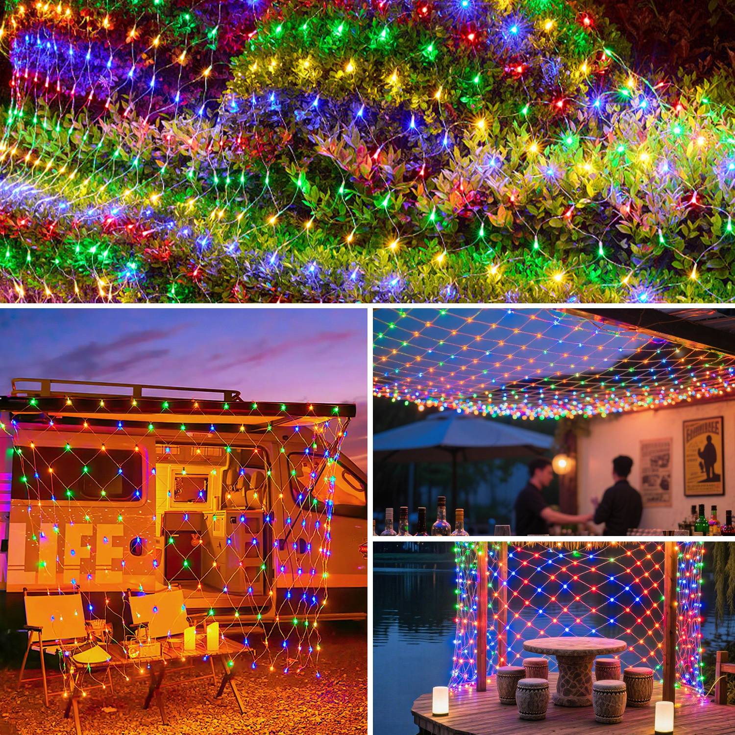 Collage aus bunten Lichterketten, die sowohl im Freien als auch drinnen drapiert sind und eine festliche Dekoration über eine Veranda, Terrasse und einen Sitzbereich schaffen.