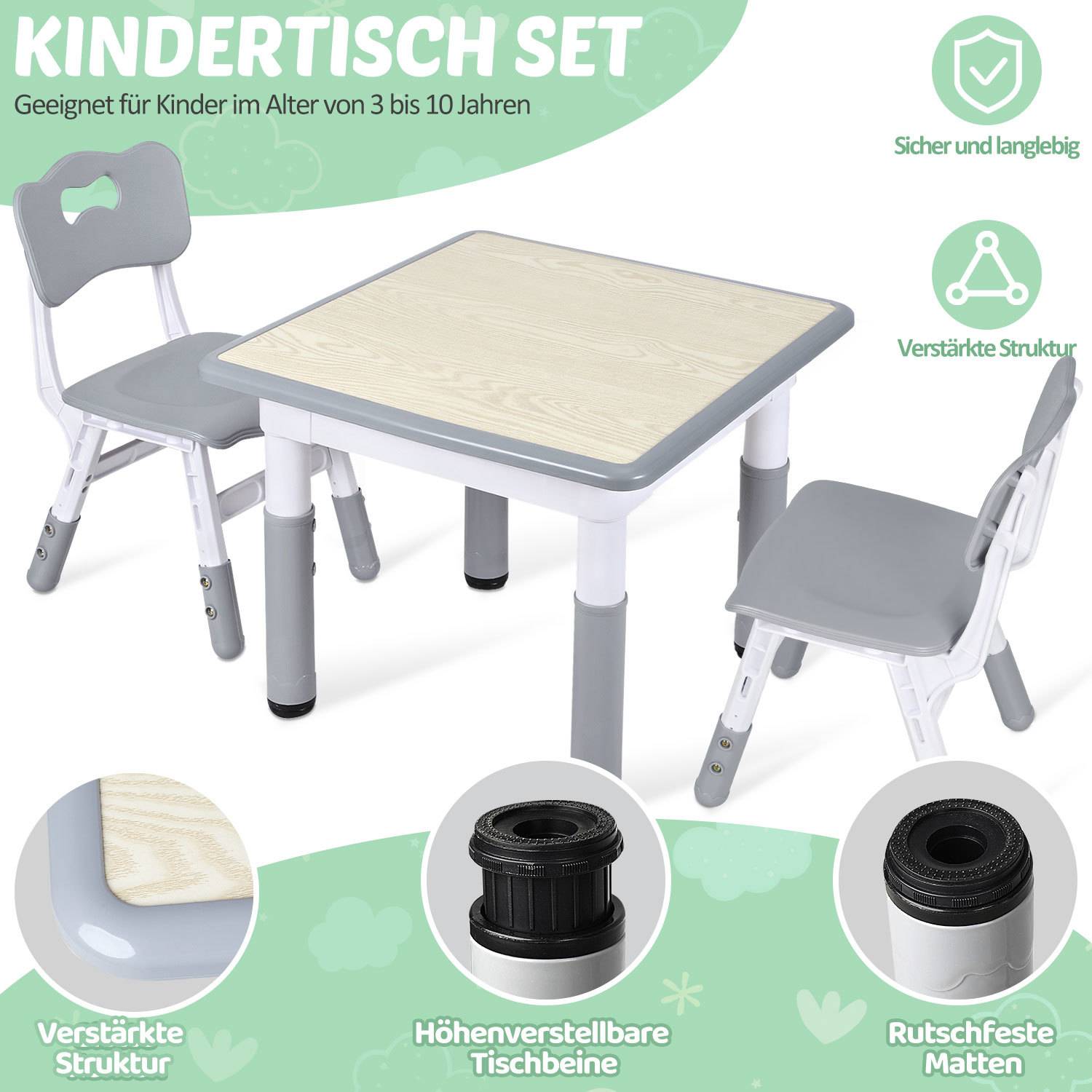 Children's table and chair set with one table and two chairs; suitable for ages 3 to 10, height-adjustable, safe, durable and non-slip.