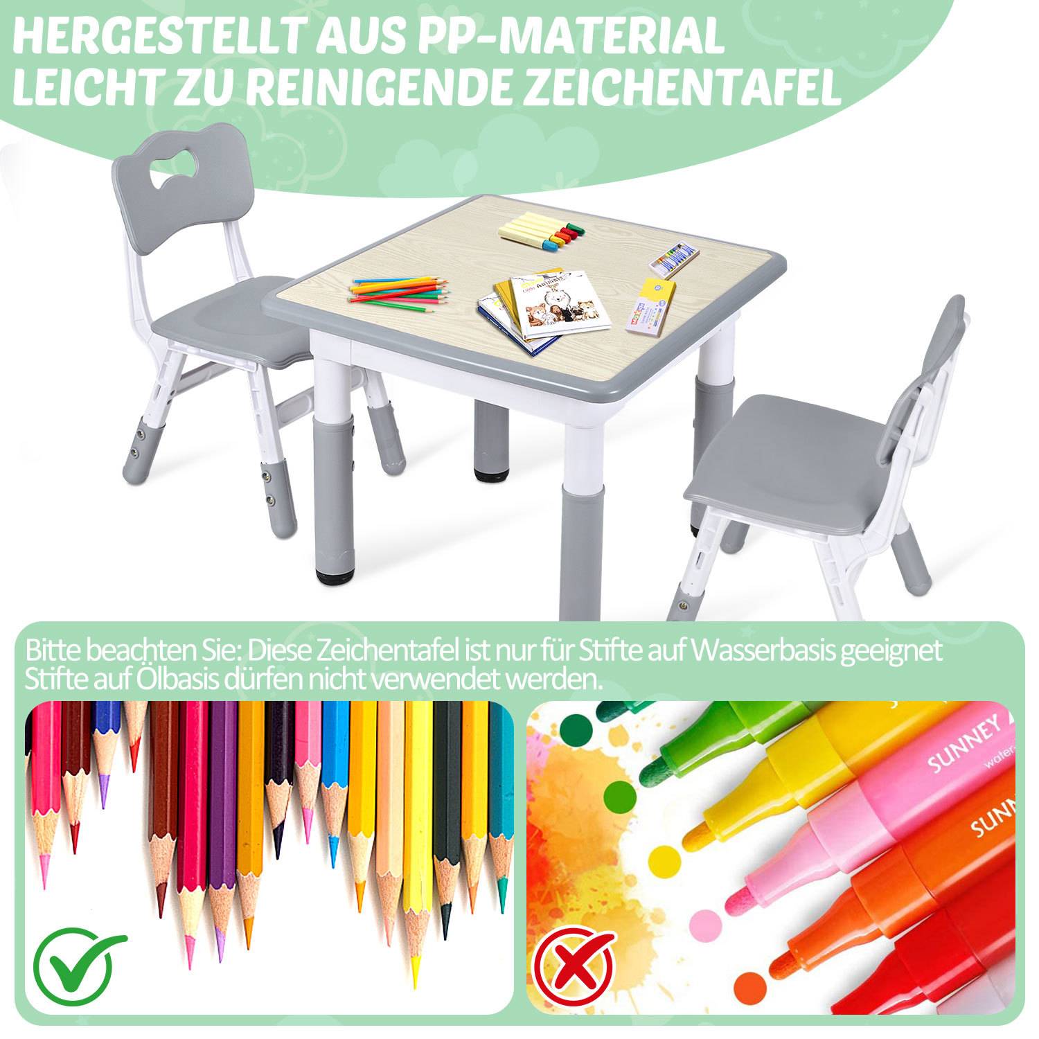 Kindertisch und zwei Stühle mit integrierter Whiteboard-Oberfläche; der Text besagt, dass er aus PP-Material besteht, leicht zu reinigen ist und nur für Wassermarker geeignet ist, nicht für ölbasierte Stifte.