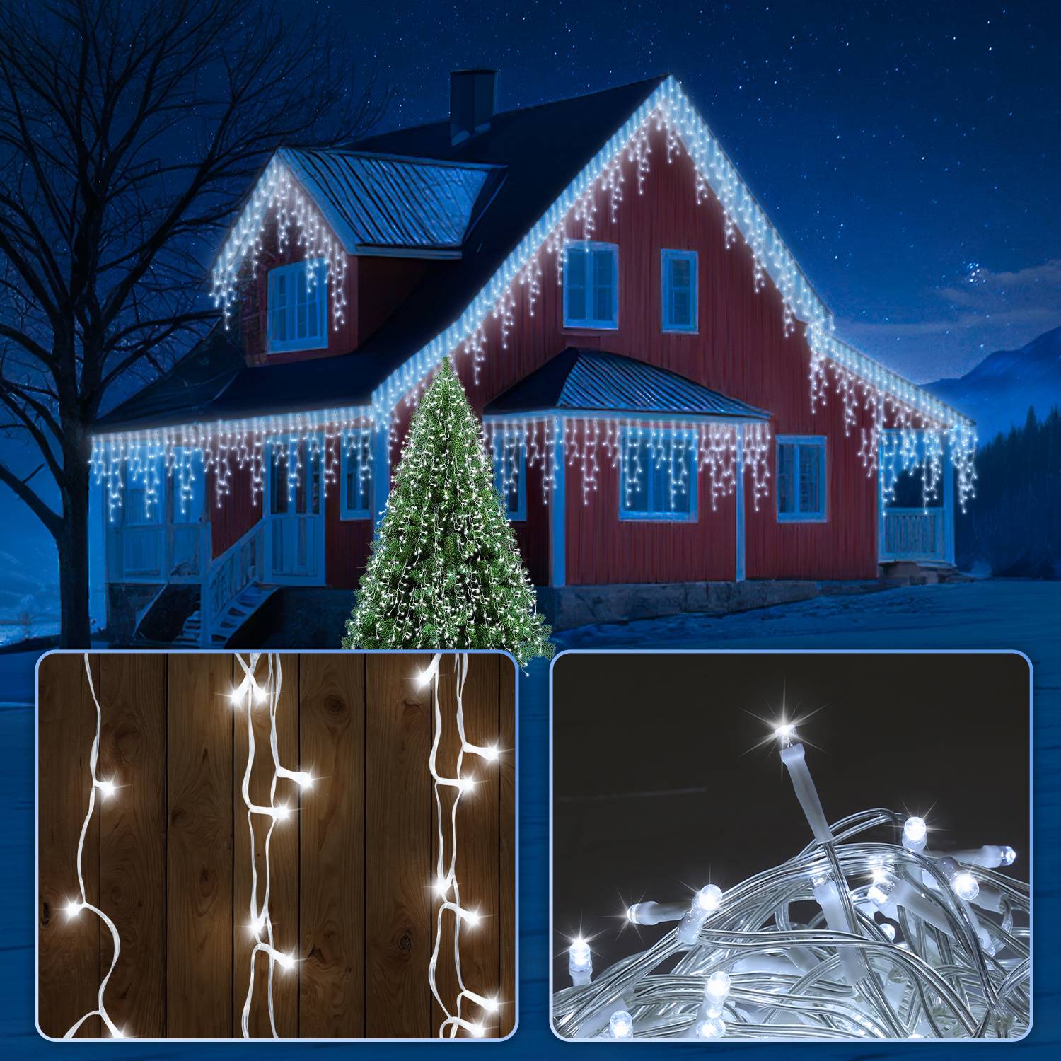 Rotes Haus, das mit weißen Weihnachts-Eiszapfenlichtern und einem beleuchteten Baum bei Nacht dekoriert ist; die Einblendung zeigt Nahaufnahmen der Lichterketten auf Holz und aufgewickelter LED-Drahtlichter.