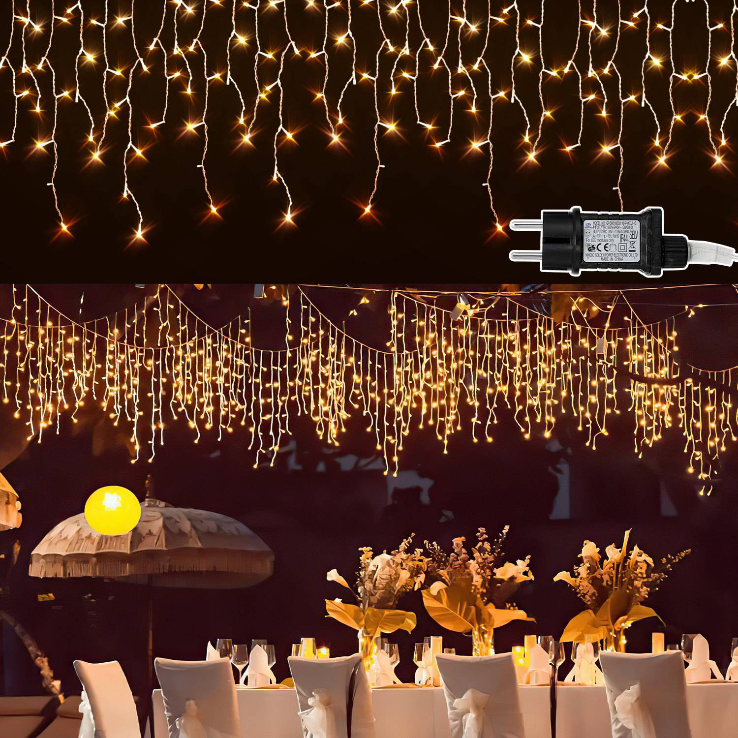 Eisregen Weihnachtsbeleuchtung 200 LEDs 5 m Lichtlänge + 5 m Zuleitung, Warmweiß, Lichtervorhang mit 8 Modi, Weihnachtsbeleuchtung für Innenräume
