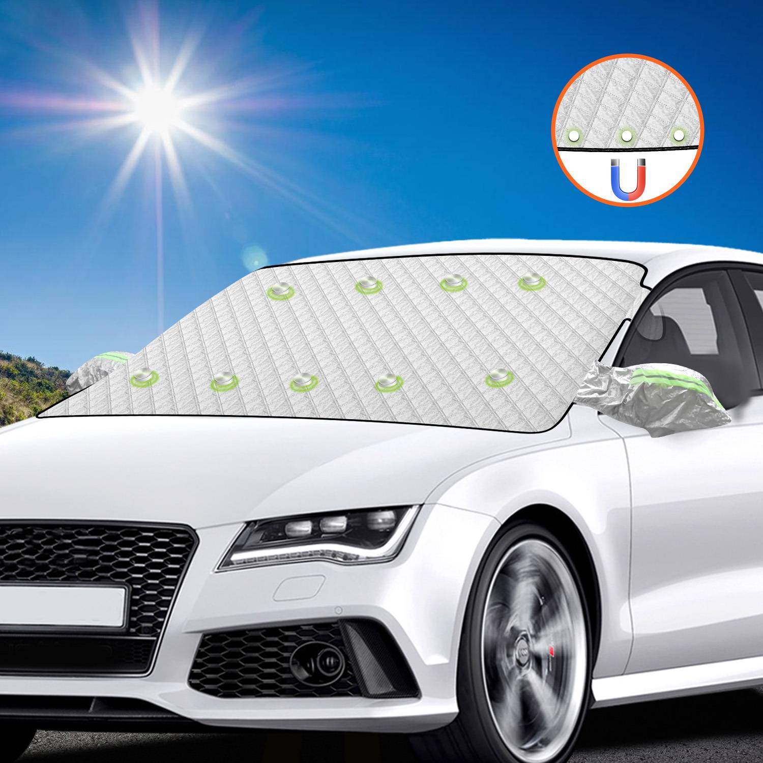 Weißes Auto mit gesteppter reflektierender Windschutzscheibe und Außenspiegelabdeckung, gezeigt unter heller Sonne; Ausschnitt zeigt magnetische Befestigung auf der Abdeckung.