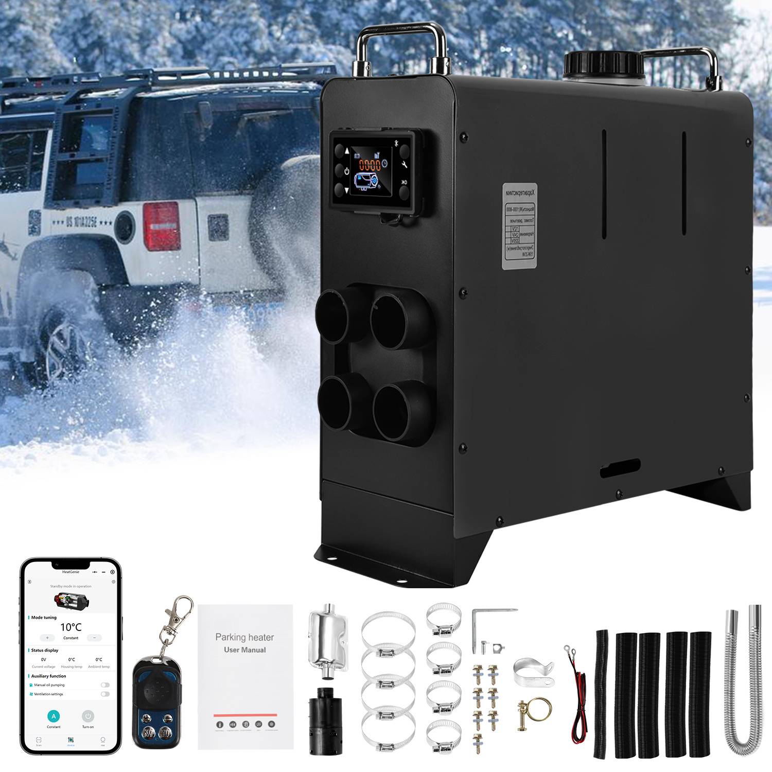 Tragbarer Diesel-Standheizer mit App-Steuerung, Fernbedienung, Bedienungsanleitung und Installationszubehör; im Hintergrund ein SUV im Schnee