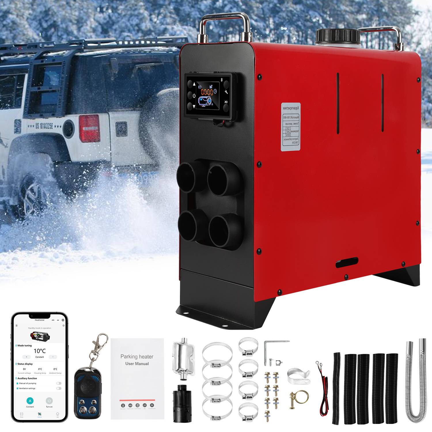 8KW Diesel Standheizung 12V/24V mit Bluetooth App, 4 Luftauslässen, LCD & Fernbedienung, 5L Tank für Auto LKW Wohnmobil Camper Rot