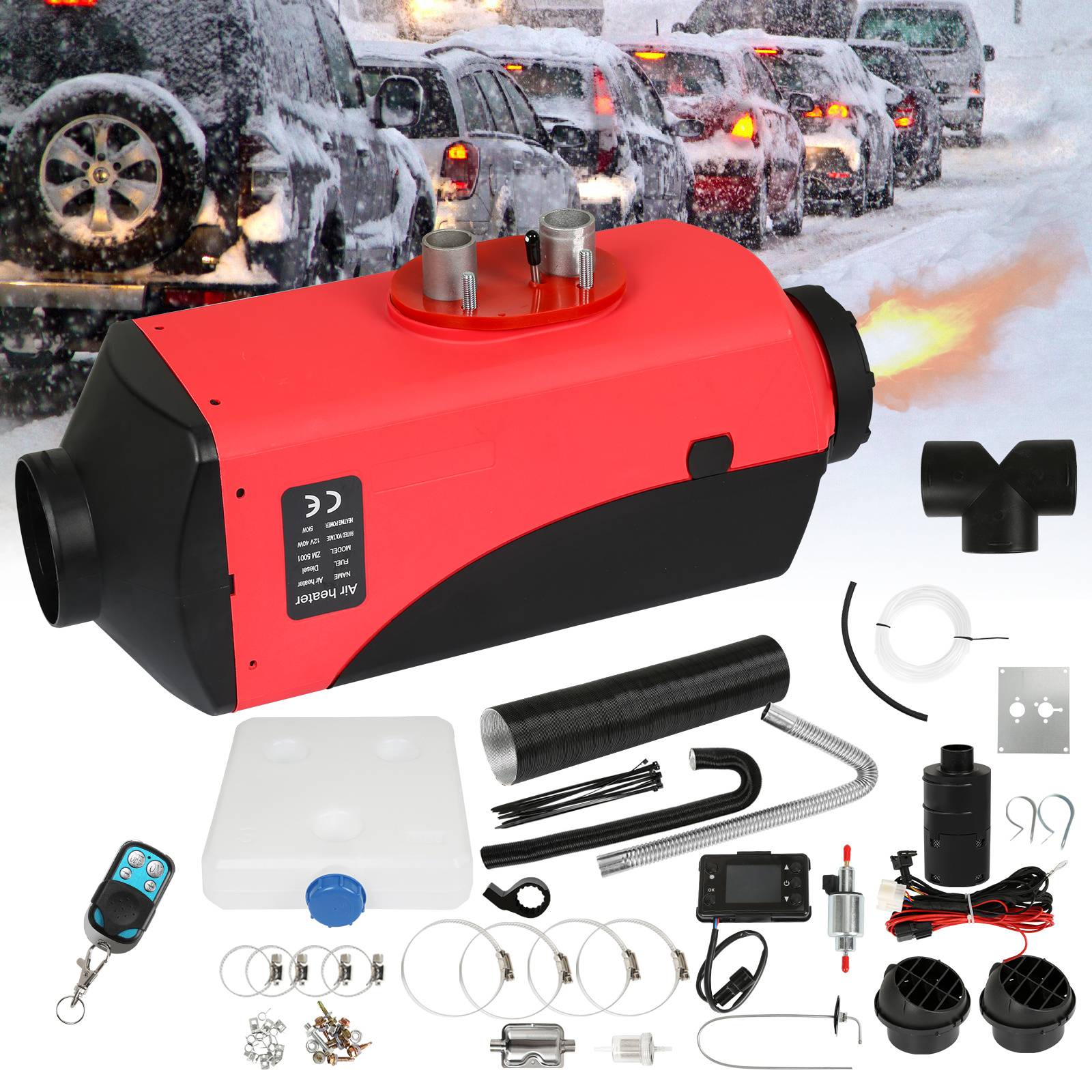 Tragbares rot-schwarzes Diesel-Luftheizerset mit Abgasflamme, Fernbedienung, Kraftstofftank, Schläuchen, Verkabelung, Halterungen und Installationsteilen.