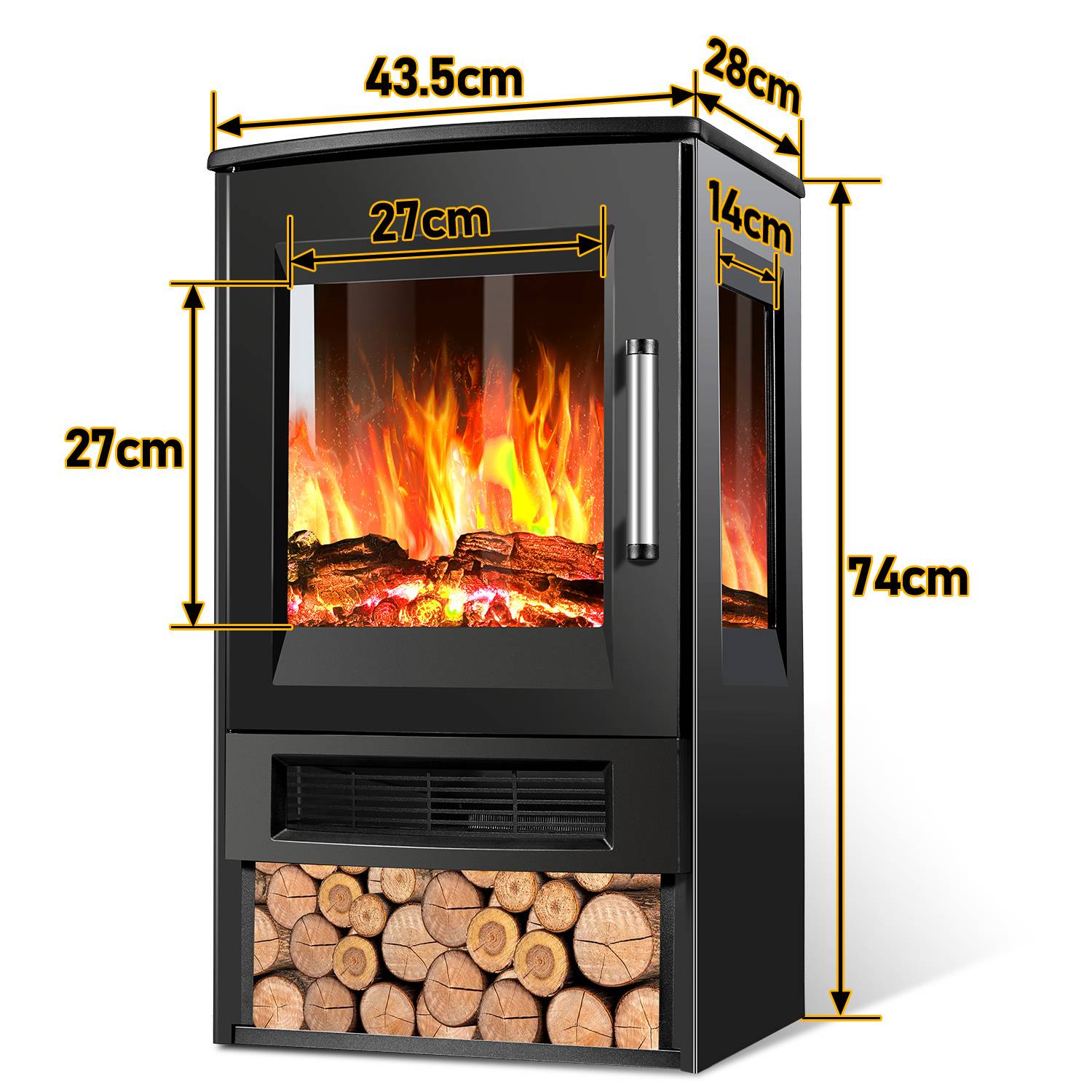Schwarzer freistehender elektrischer Kaminofen mit Glassichtfenster für Flammendarstellung, Türgriff, Holzlagerung darunter und beschrifteten Abmessungen von 74 cm Höhe, 43,5 cm Breite, 28 cm Tiefe.