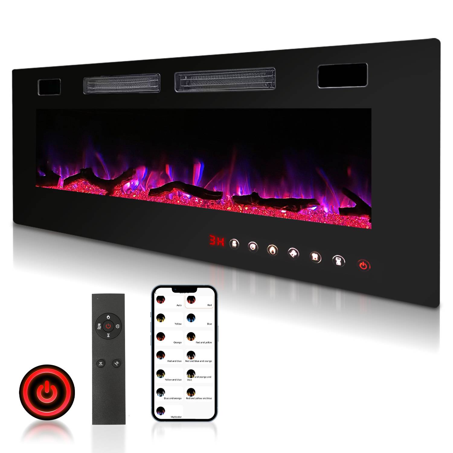 Wandmontierter elektrischer Kamin mit violetter Flammenanzeige, Touch-Steuerung, Fernbedienung und Smartphone-App für einstellbare Einstellungen.
