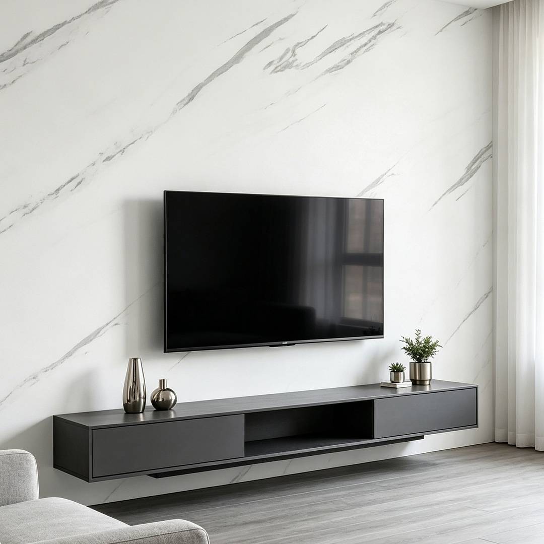 Modernes Wohnzimmer mit einem an der Wand montierten Flachbildfernseher über einer schwebenden schwarzen Medienkonsole, angebracht vor einer weißen Marmor-Akzentwand.