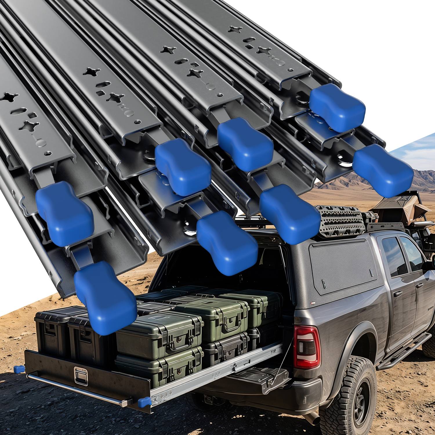 Pickup-Laster mit Ladefläche beladen mit grünen Kisten und schwarzen Behältern, dargestellt unter mehreren Metallschubladenschienen mit blauen Griffen, was auf die Installation eines Lagersystems hindeutet.