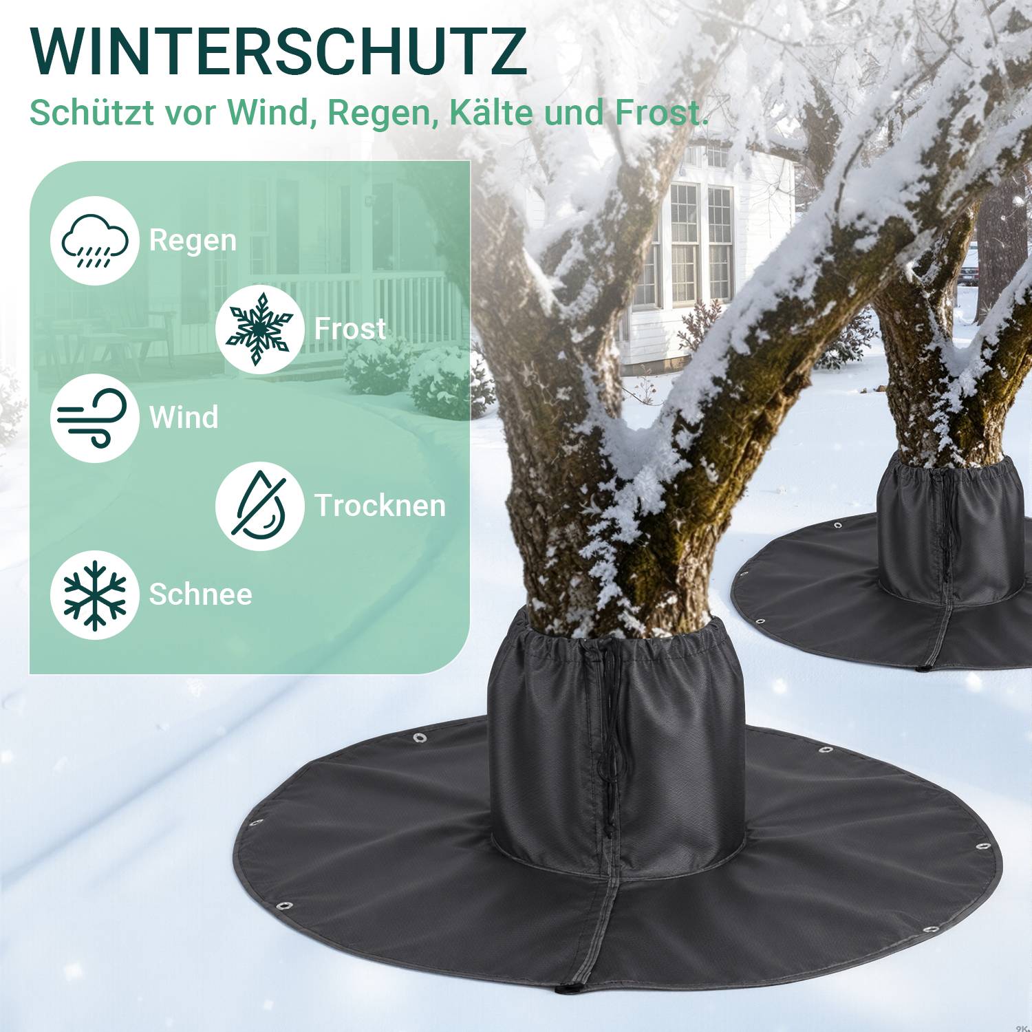 WINSCHUTZ Baumschutzhüllen schützen Bäume vor Regen, Wind, Schnee, Frost und Trockenheit, mit deutschen Funktionssymbolen.