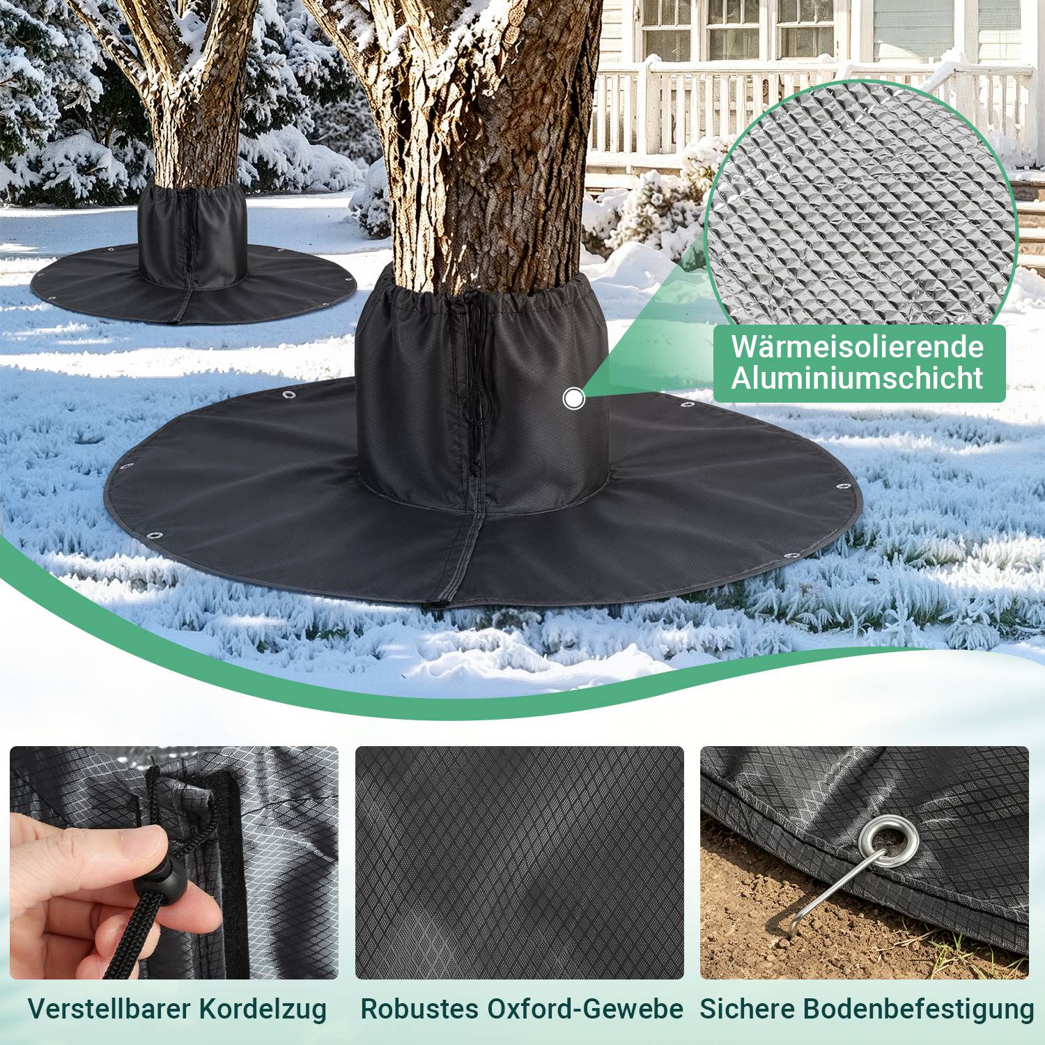 Baumstammschutz-Wickel im Schnee mit isolierter Aluminiumschicht, verstellbarer Kordelzug, langlebigem Oxford-Stoff und sicherer Bodenbefestigung.