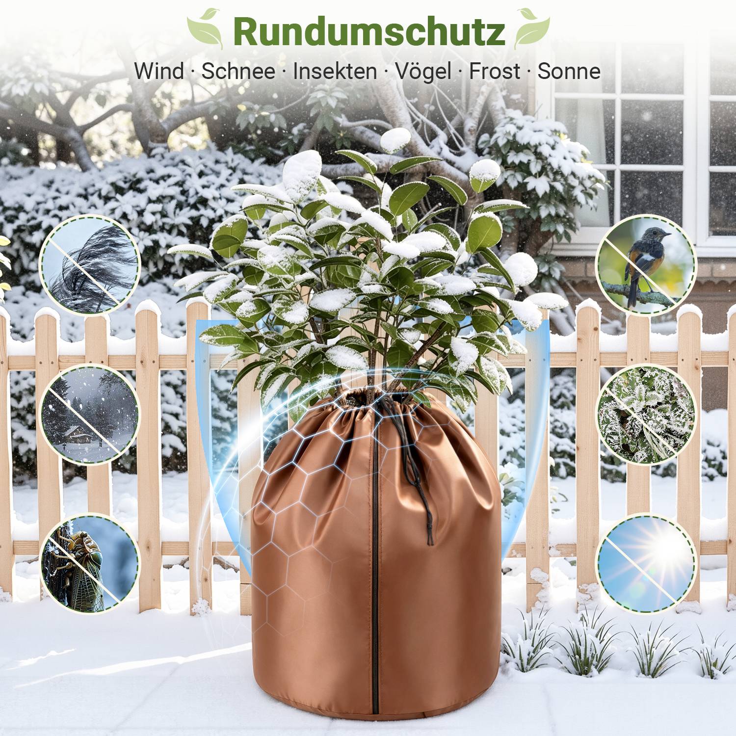 Illustration einer Winterschutzhülle für Topfpflanzen, die einen Strauch vor Wind, Schnee, Insekten, Vögeln, Frost und Sonne schützt, mit dem Text „Rundumschutz" und Funktionssymbolen.