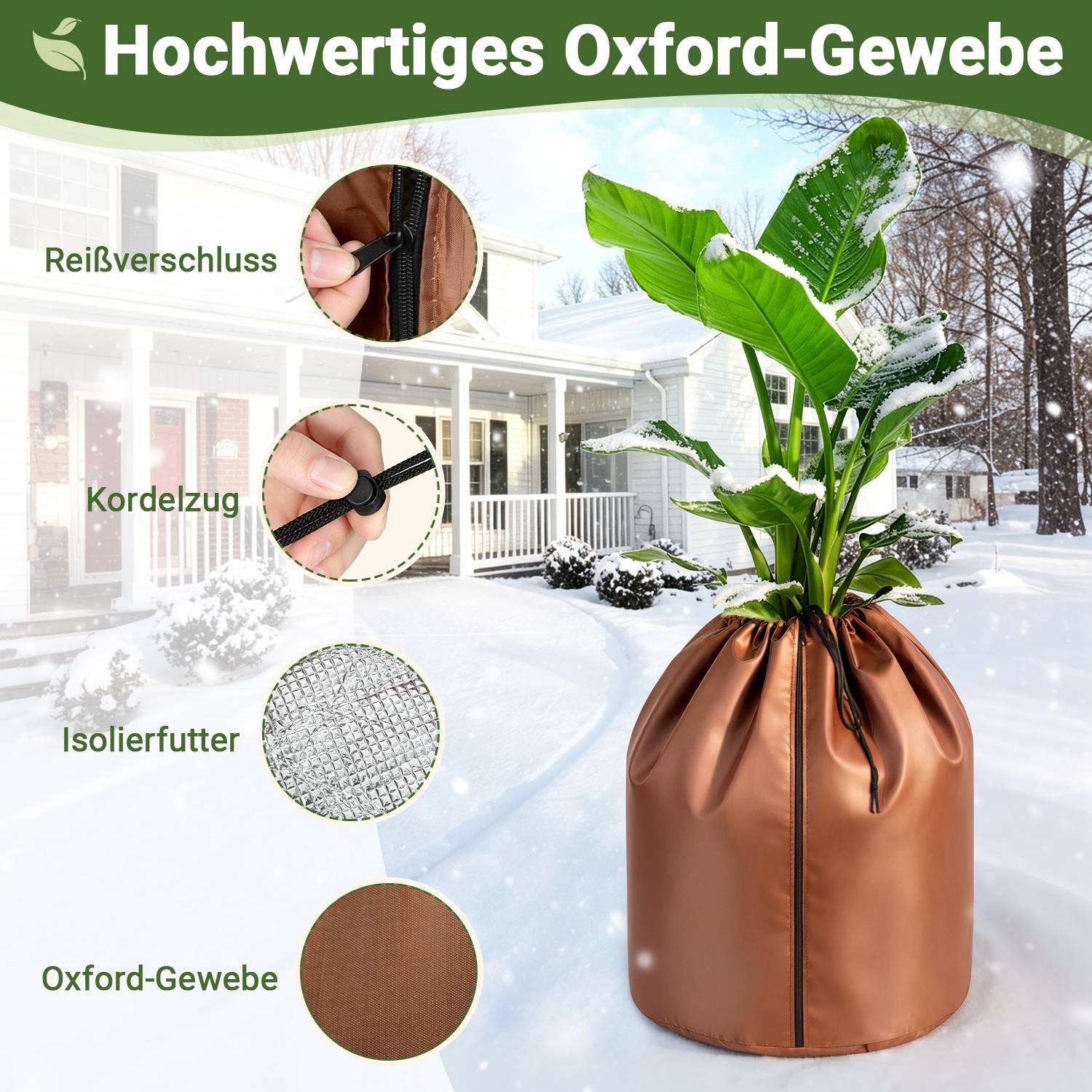 Deutsches Produktgrafik für eine Pflanzenschutzhülle aus „Hochwertiges Oxford-Gewebe", mit Reißverschluss, Zugband, Isolierungsfutter und wasserdichtem Stoff bei Außennutzung im Schnee.